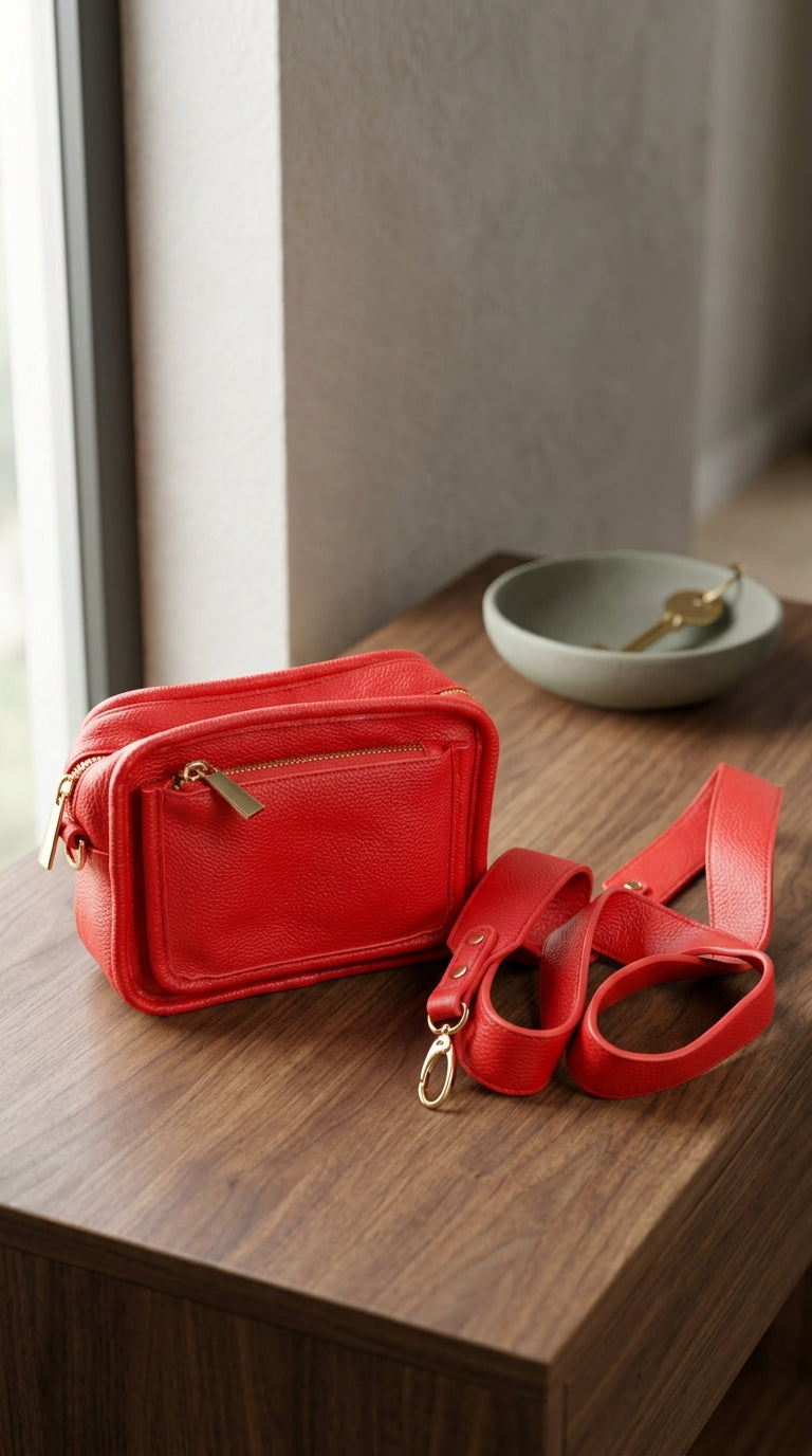 Premium Red Pebbled Leather Crossbody Camera Bag with Detachable Strap