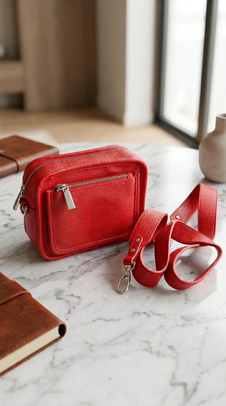 Premium Red Pebbled Leather Crossbody Camera Bag with Detachable Strap