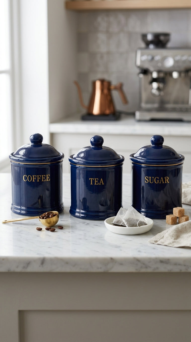 Deep Navy Blue Ceramic Kitchen Storage Canister Set of 3 with Gold Script