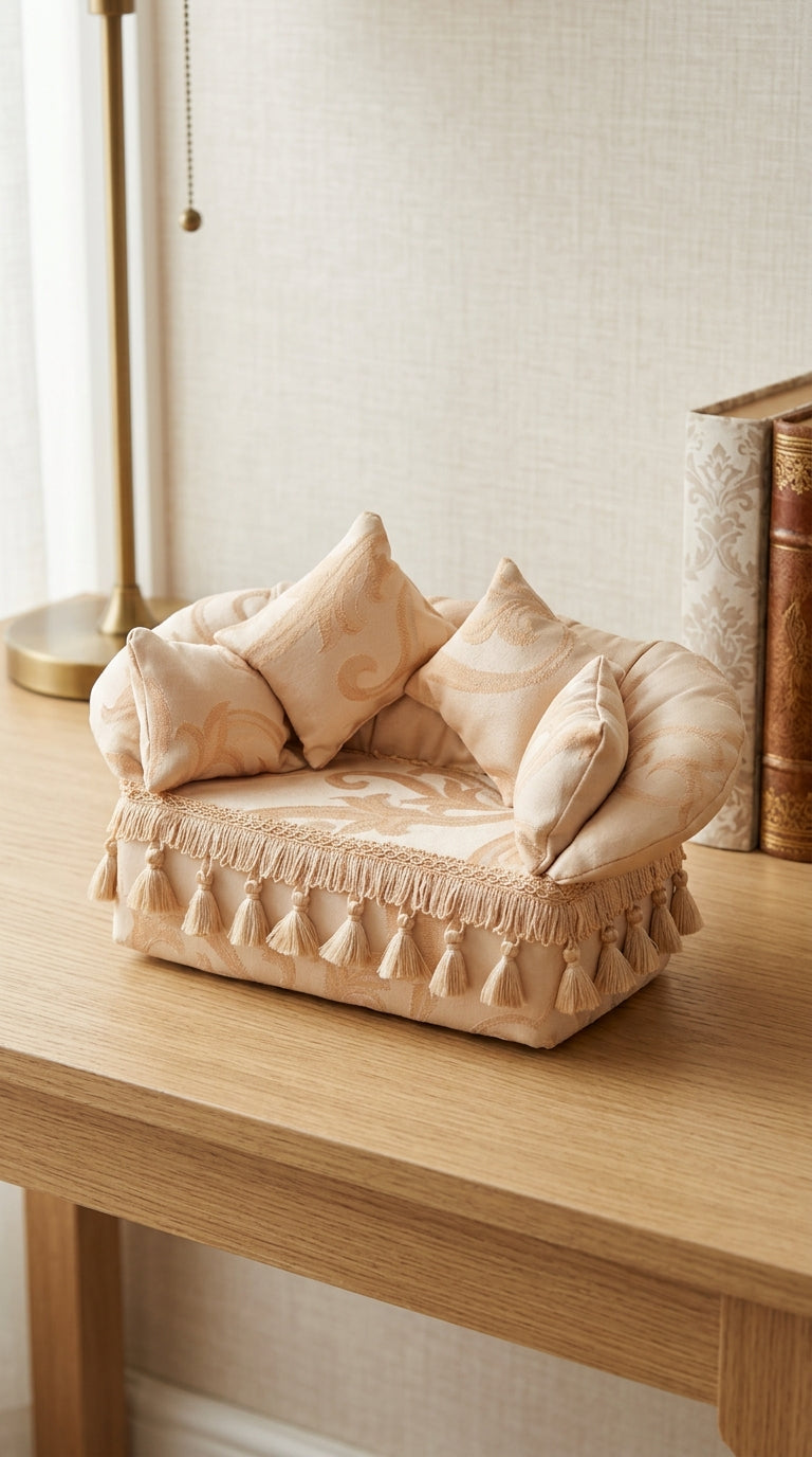 Victorian Style Miniature Sofa Jewelry Box with Tassel Detail and 4 Pillows