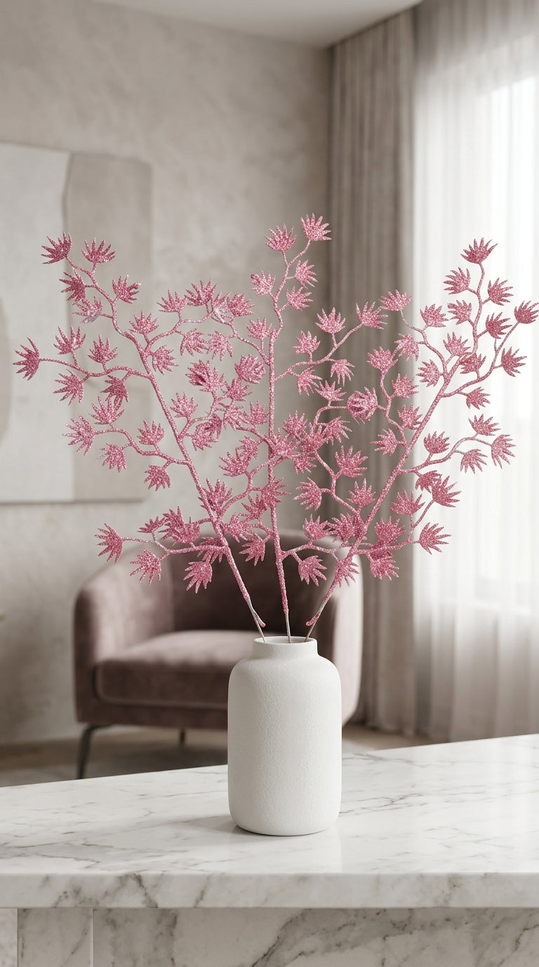 Elegant Pink Glitter Artificial Fern Leaf Sprays for Home Decor