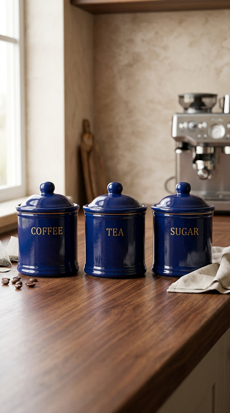 Deep Navy Blue Ceramic Kitchen Storage Canister Set of 3 with Gold Script