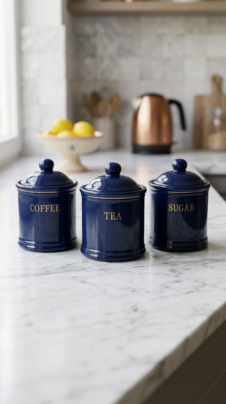 Deep Navy Blue Ceramic Kitchen Storage Canister Set of 3 with Gold Script