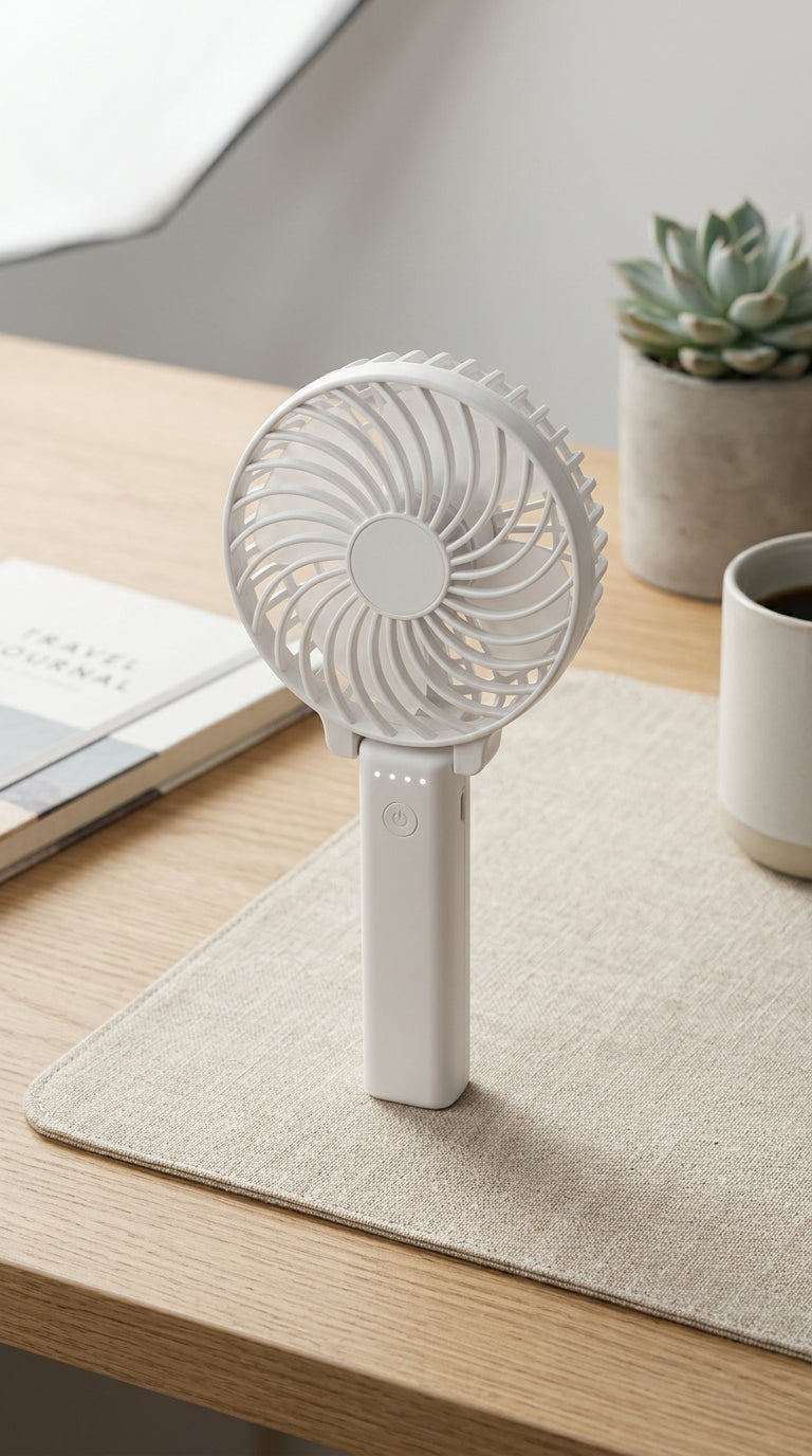 Portable Rechargeable Handheld Mini Fan with Foldable Stand in White
