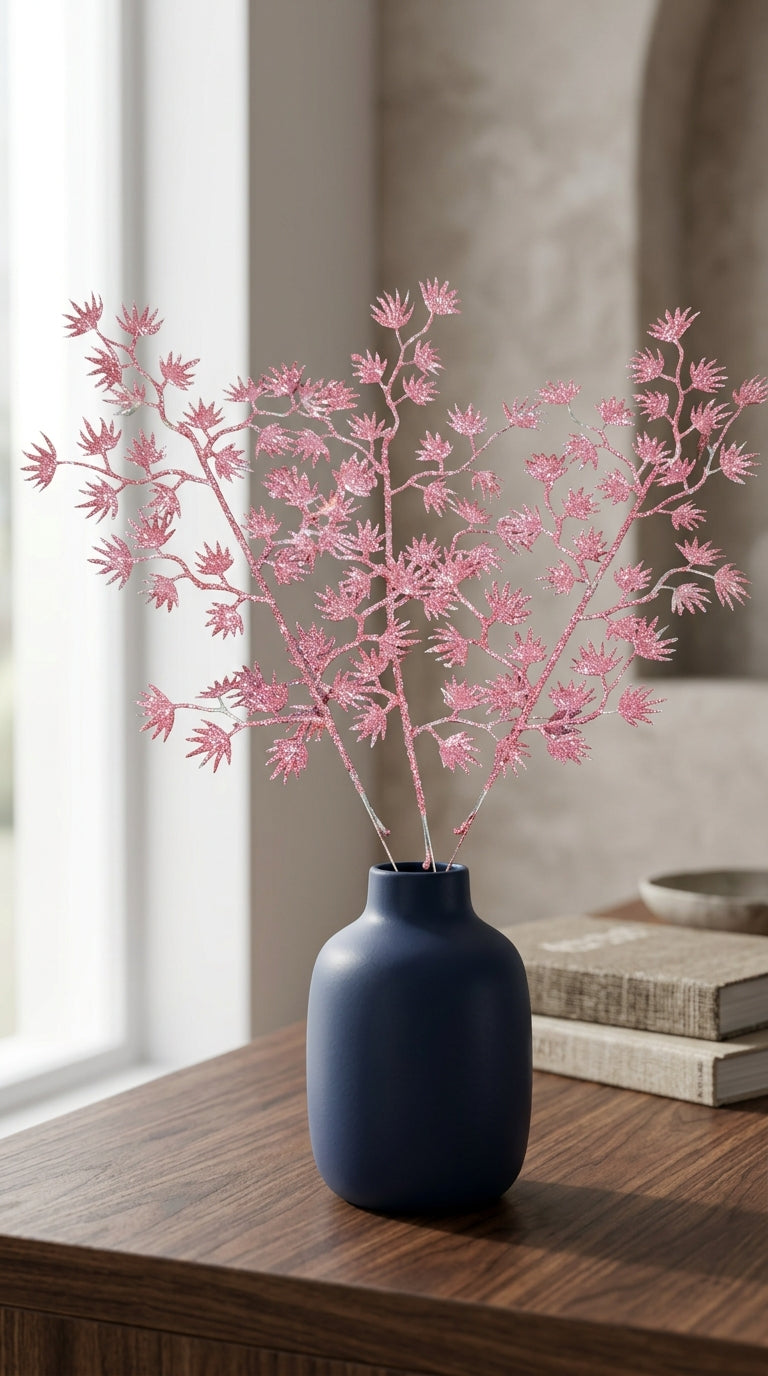 Elegant Pink Glitter Artificial Fern Leaf Sprays for Home Decor