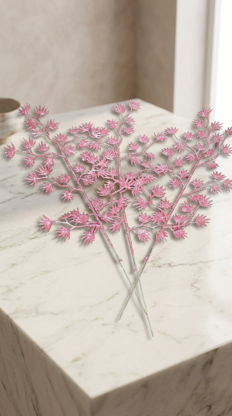 Elegant Pink Glitter Artificial Fern Leaf Sprays for Home Decor
