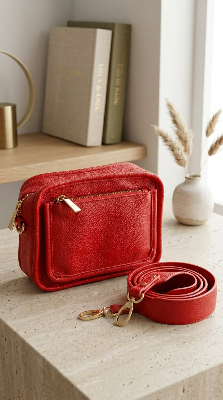 Premium Red Pebbled Leather Crossbody Camera Bag with Detachable Strap
