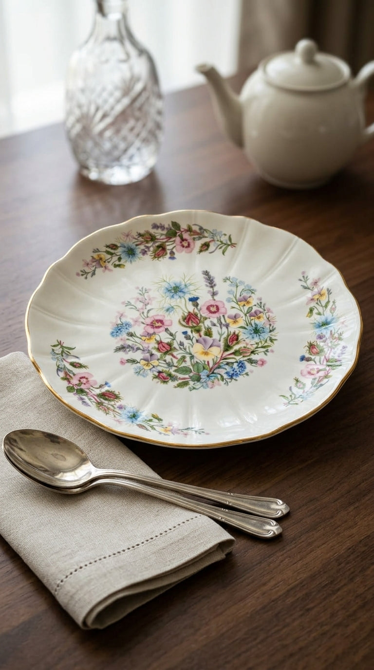 Elegant Floral Bone China Scalloped Dinner Plate with Gold Rim Accent