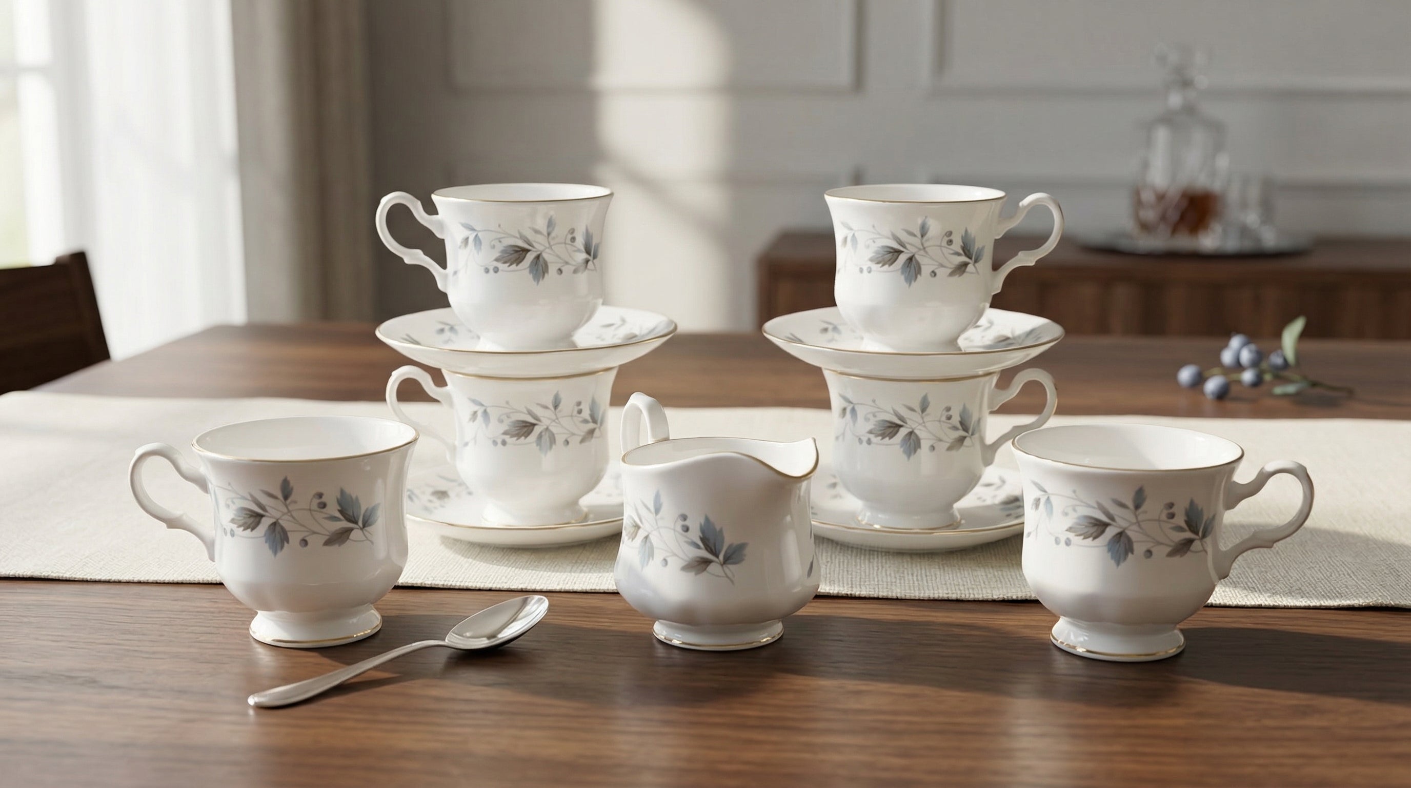 Fine Bone China 11-Piece Floral Tea Set with Gold Trim