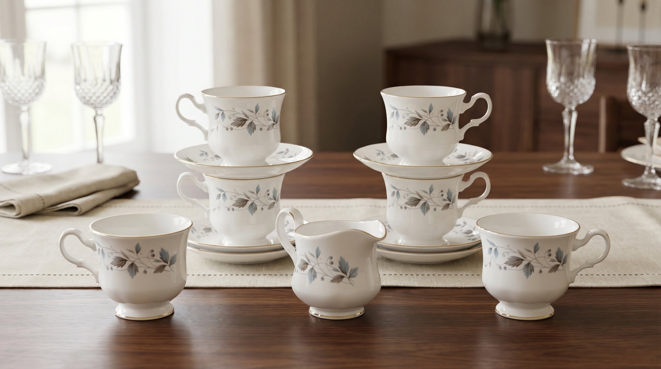 Fine Bone China 11-Piece Floral Tea Set with Gold Trim