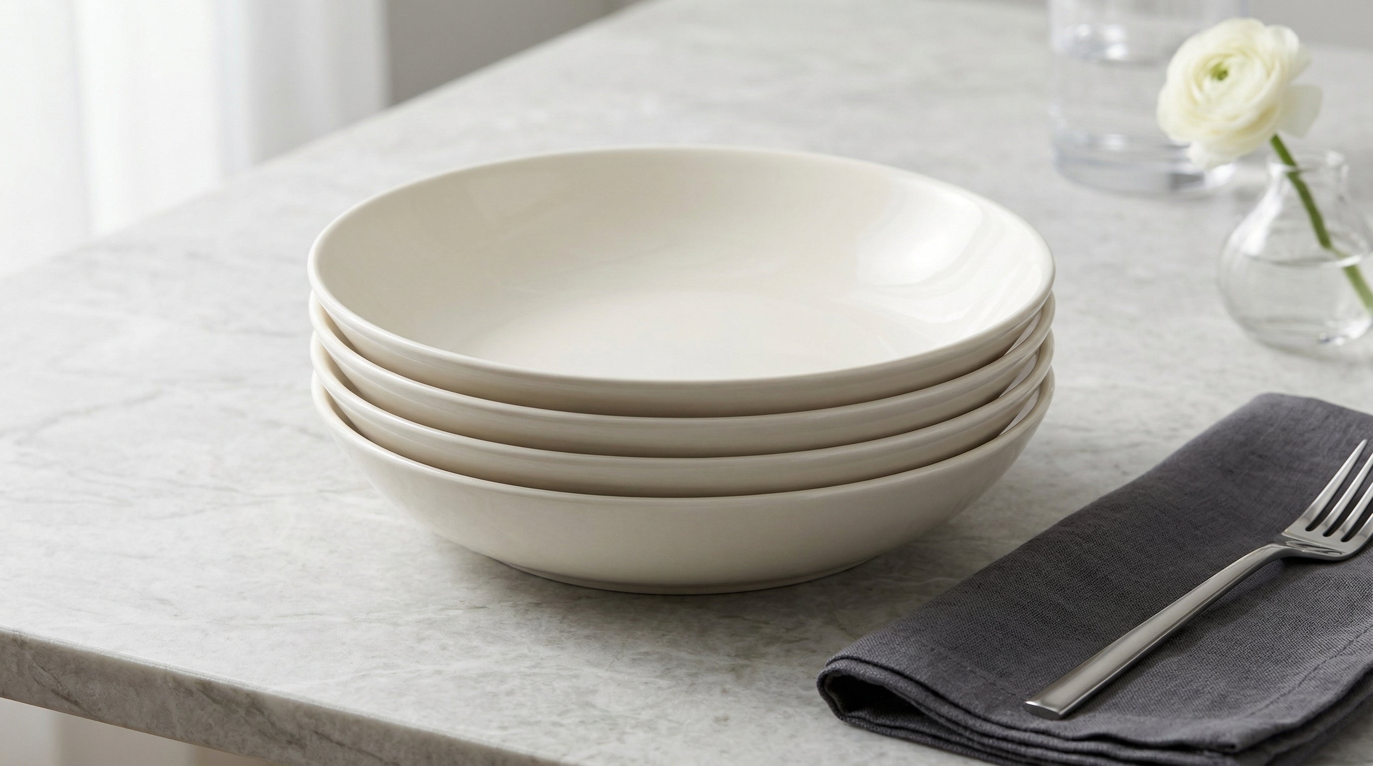 Modern Cream Ceramic Pasta Bowl Set of 4 Minimalist Stoneware Dinnerware