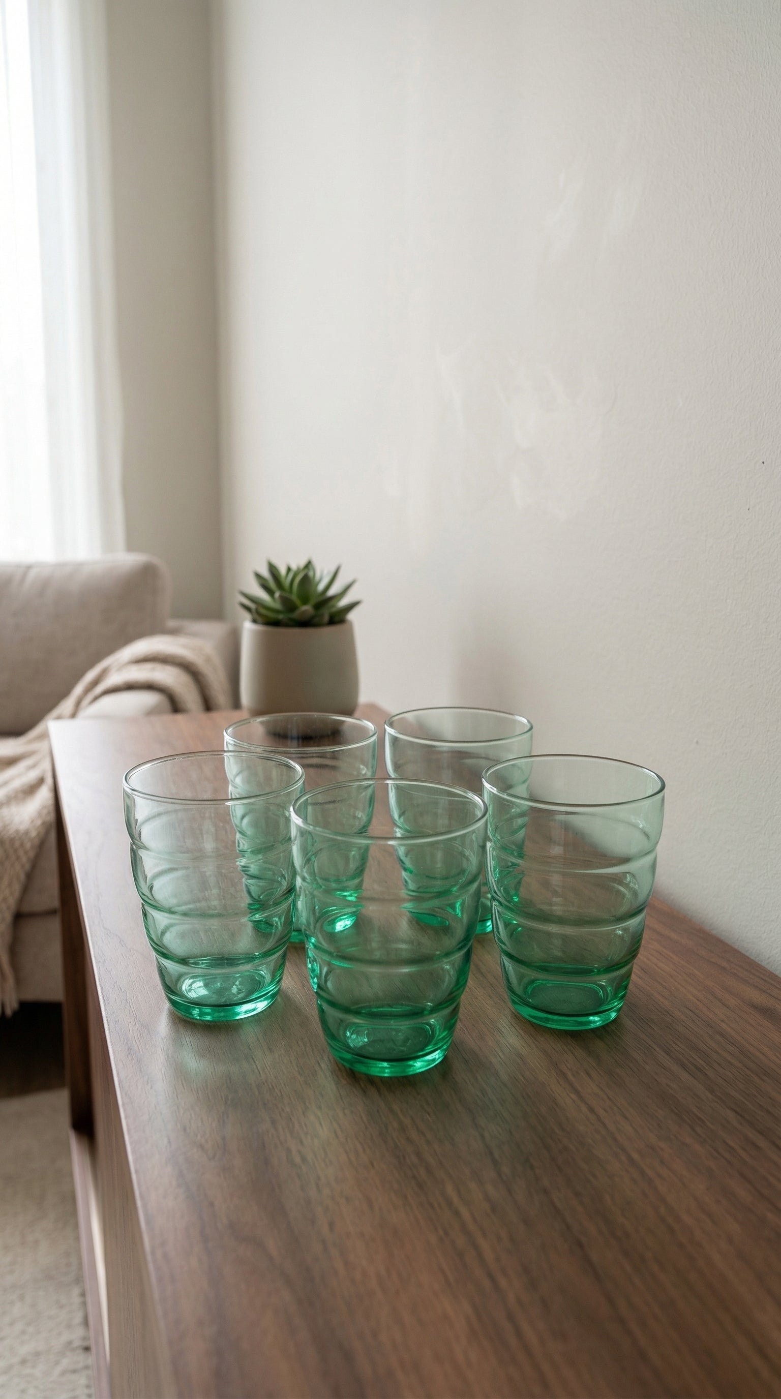 Modern Ribbed Seafoam Green Glass Tumbler Set - 5-Piece Drinking Glassware