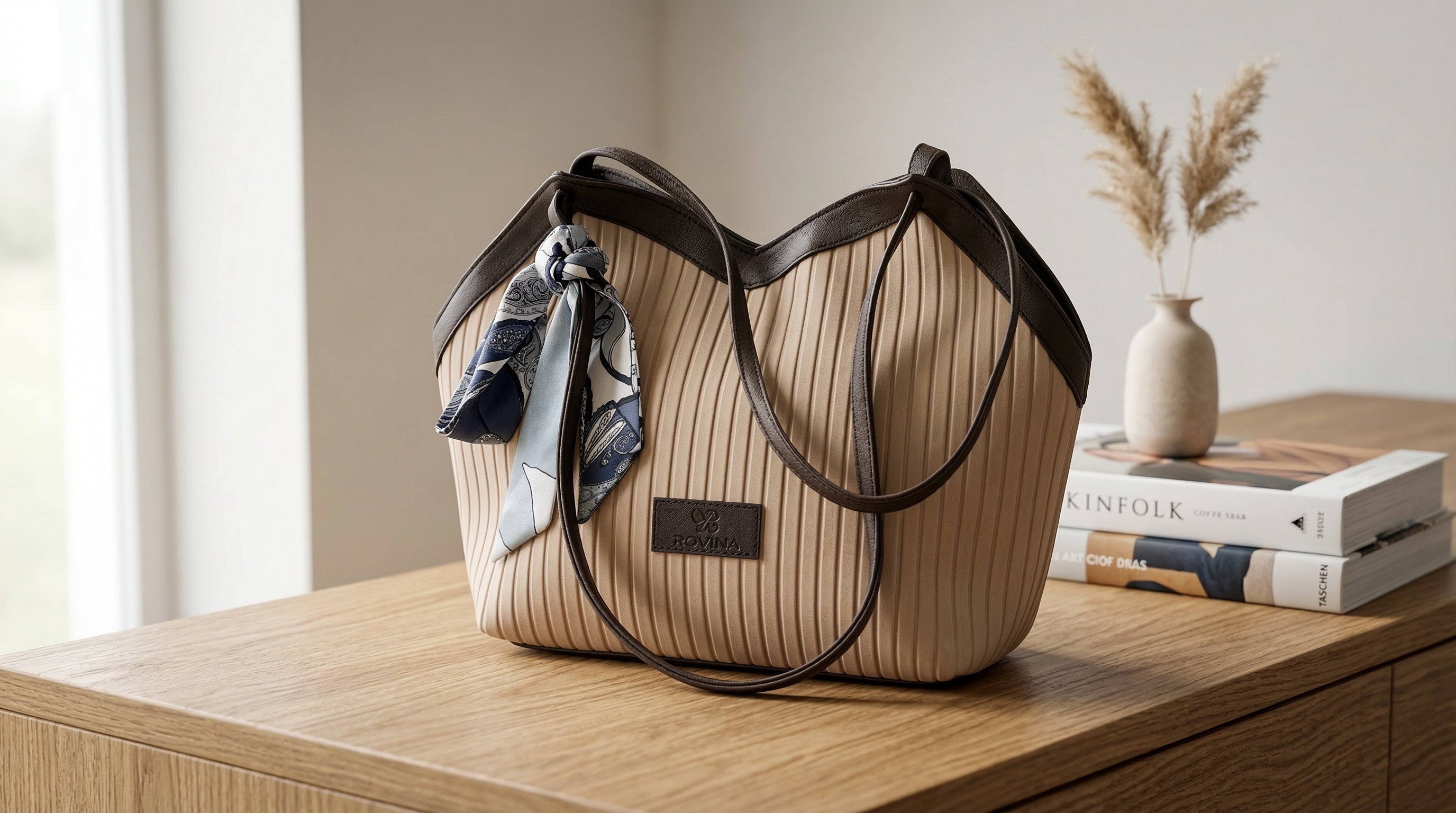 Modern Ribbed Fabric Tote Bag with Faux Leather Trim and Decorative Scarf