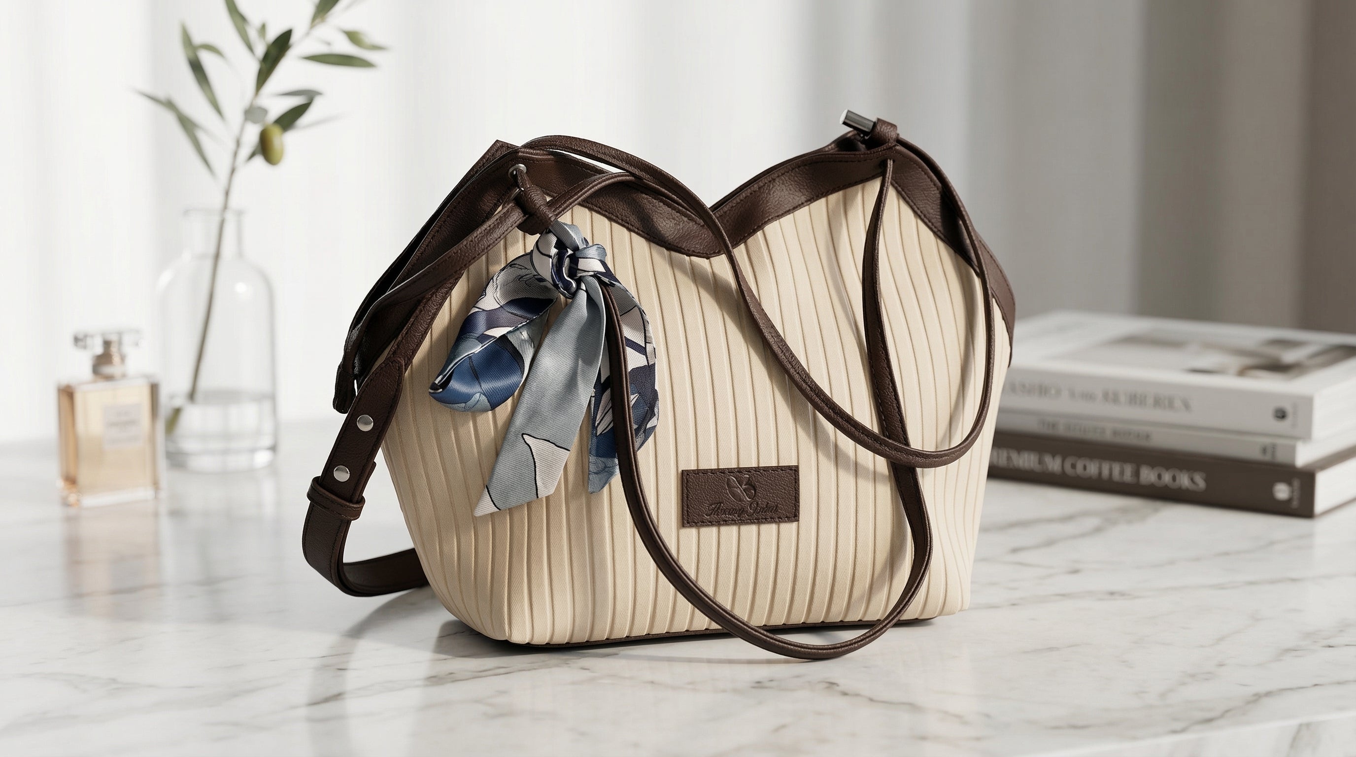 Modern Ribbed Fabric Tote Bag with Faux Leather Trim and Decorative Scarf