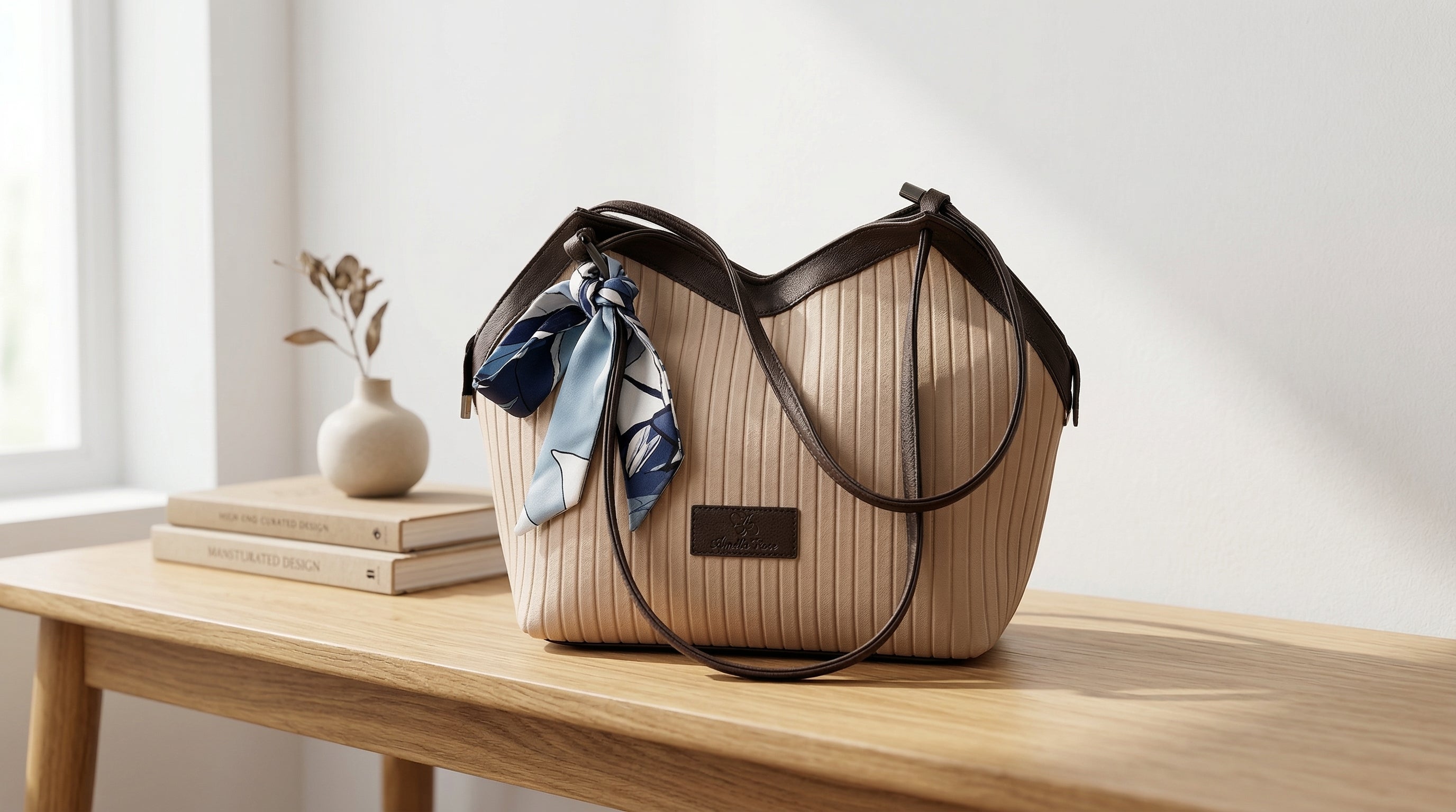Modern Ribbed Fabric Tote Bag with Faux Leather Trim and Decorative Scarf