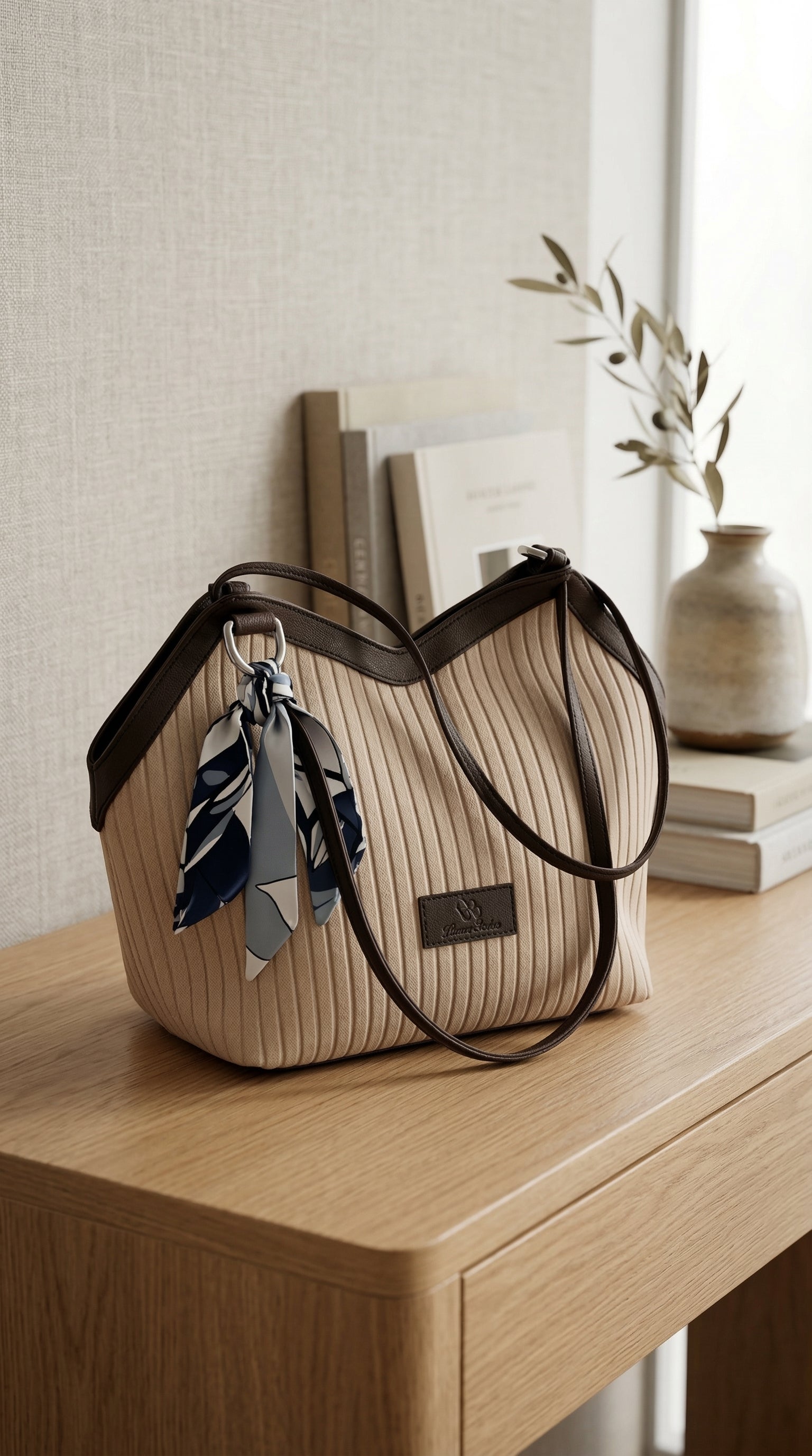 Modern Ribbed Fabric Tote Bag with Faux Leather Trim and Decorative Scarf