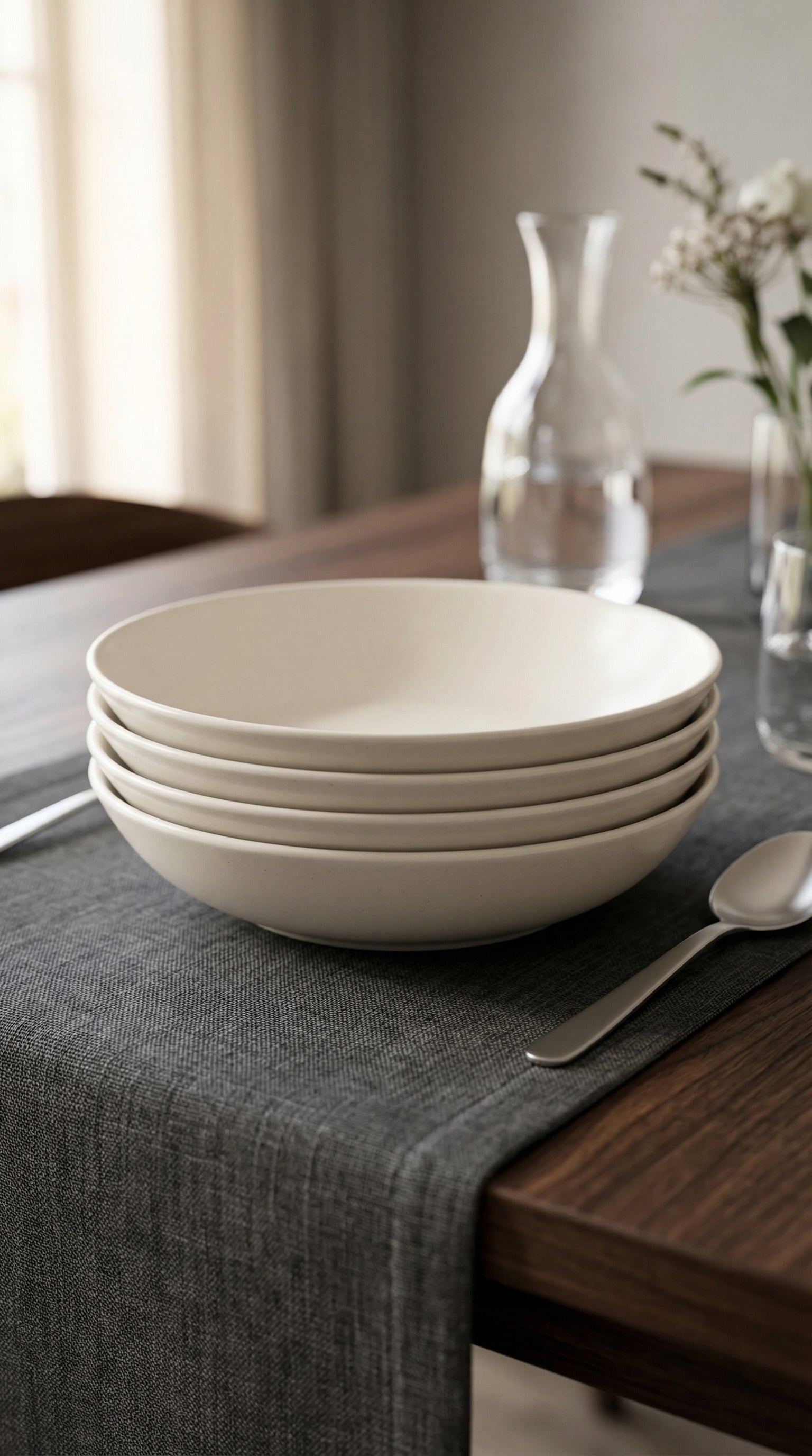 Modern Cream Ceramic Pasta Bowl Set of 4 Minimalist Stoneware Dinnerware
