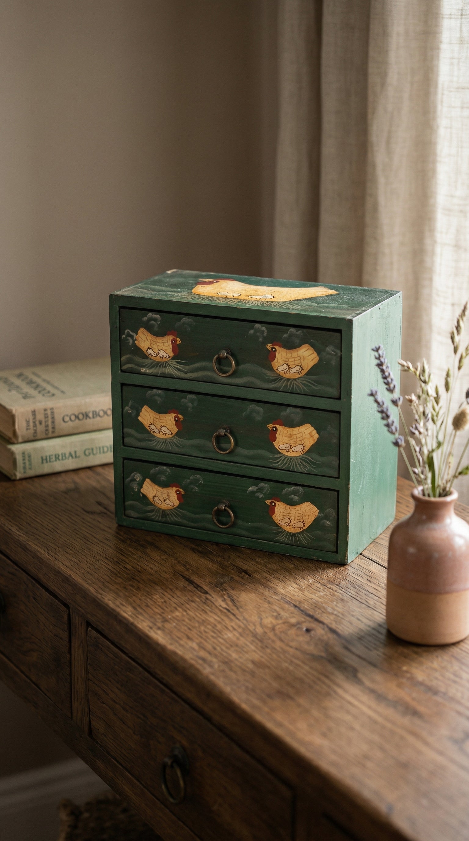 Handcrafted Rustic Green Wooden 3-Drawer Desktop Organizer with Hen Motif