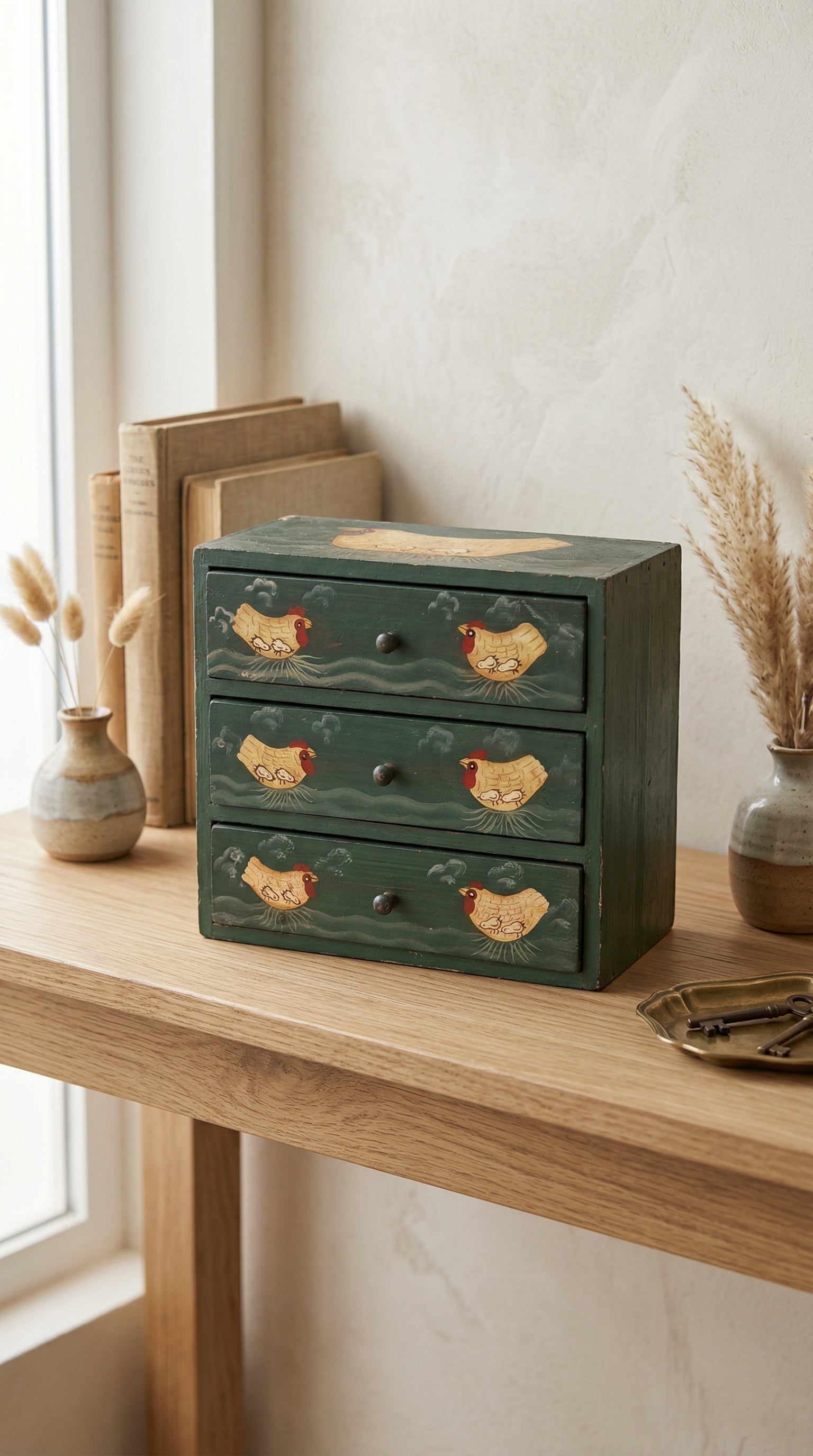 Handcrafted Rustic Green Wooden 3-Drawer Desktop Organizer with Hen Motif