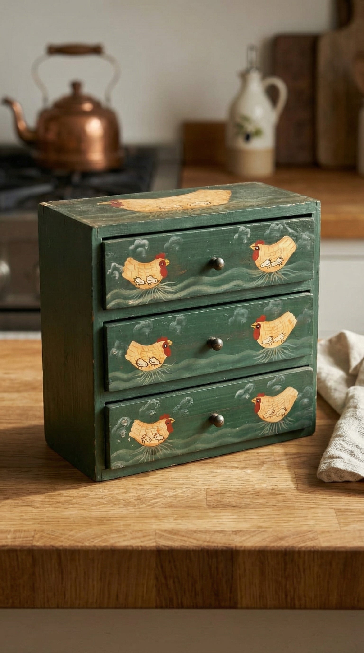 Handcrafted Rustic Green Wooden 3-Drawer Desktop Organizer with Hen Motif