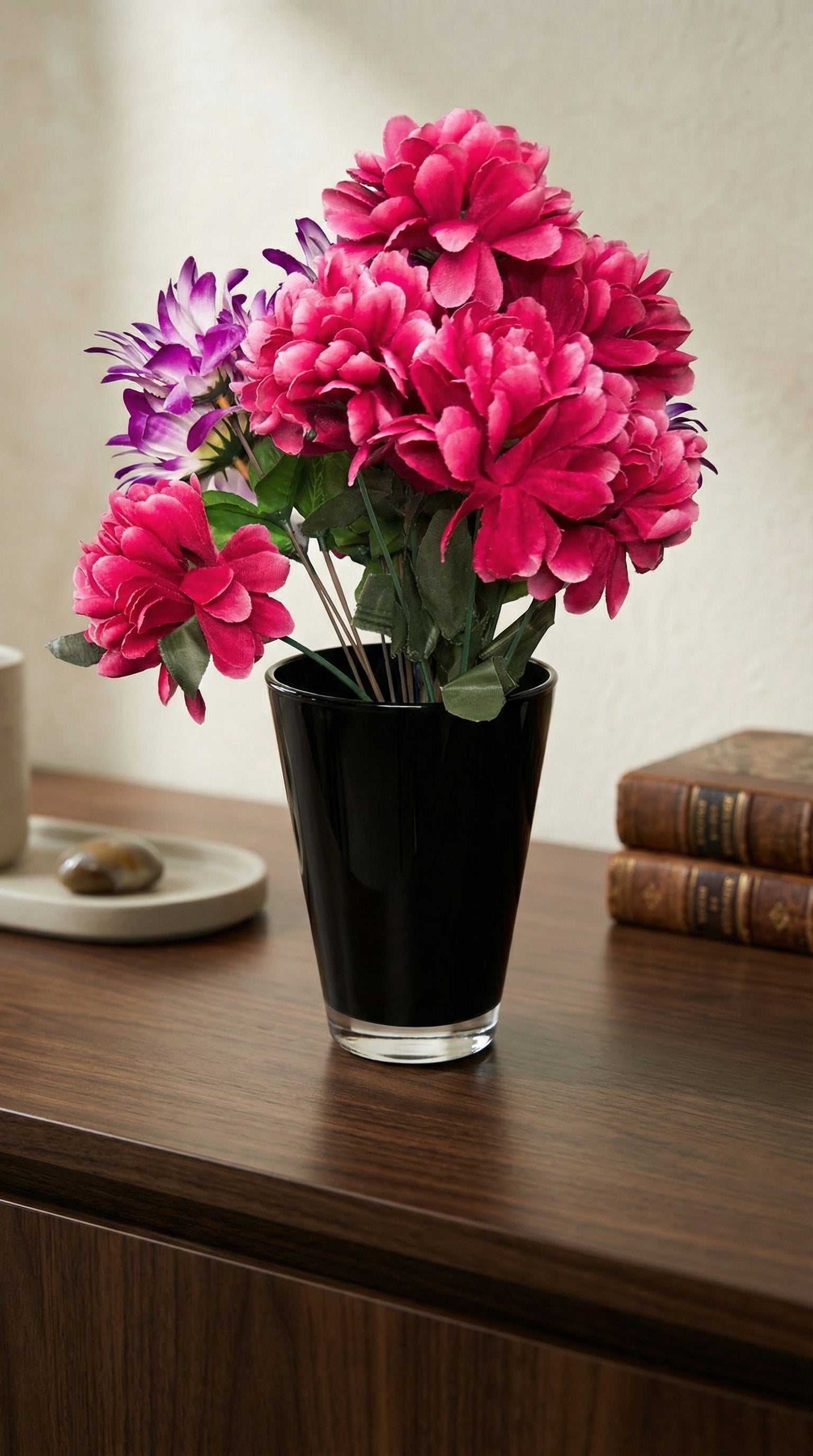 Modern Black Glass Tapered Flower Vase with Artificial Peony Bouquet