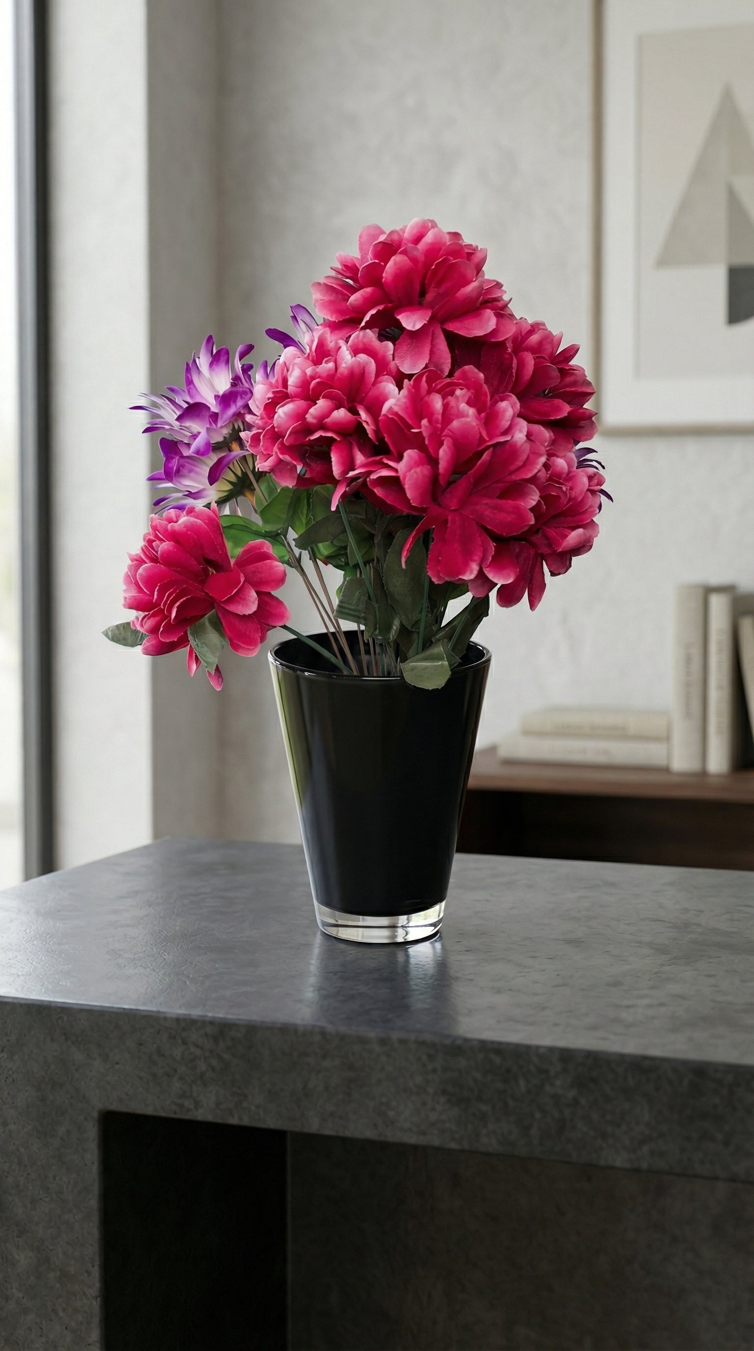 Modern Black Glass Tapered Flower Vase with Artificial Peony Bouquet