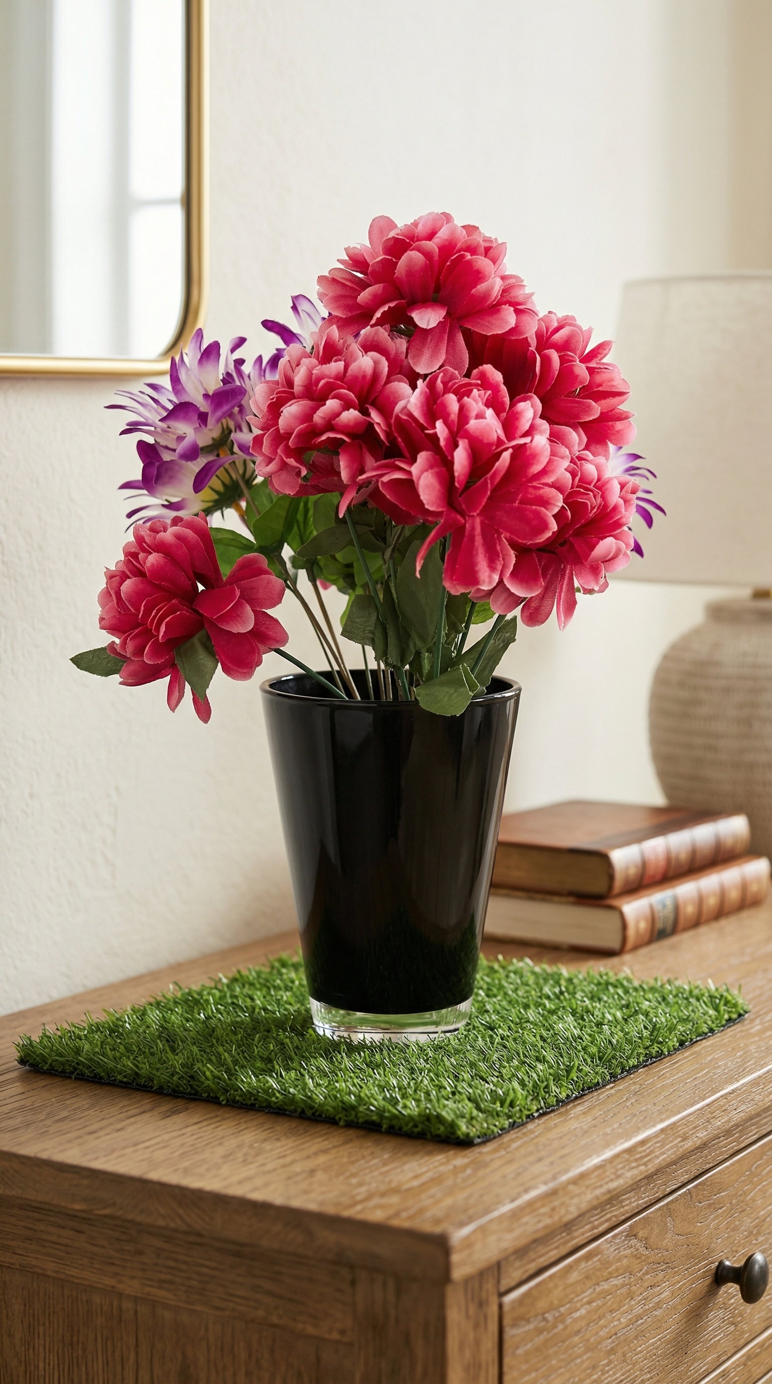 Modern Black Glass Tapered Flower Vase with Artificial Peony Bouquet