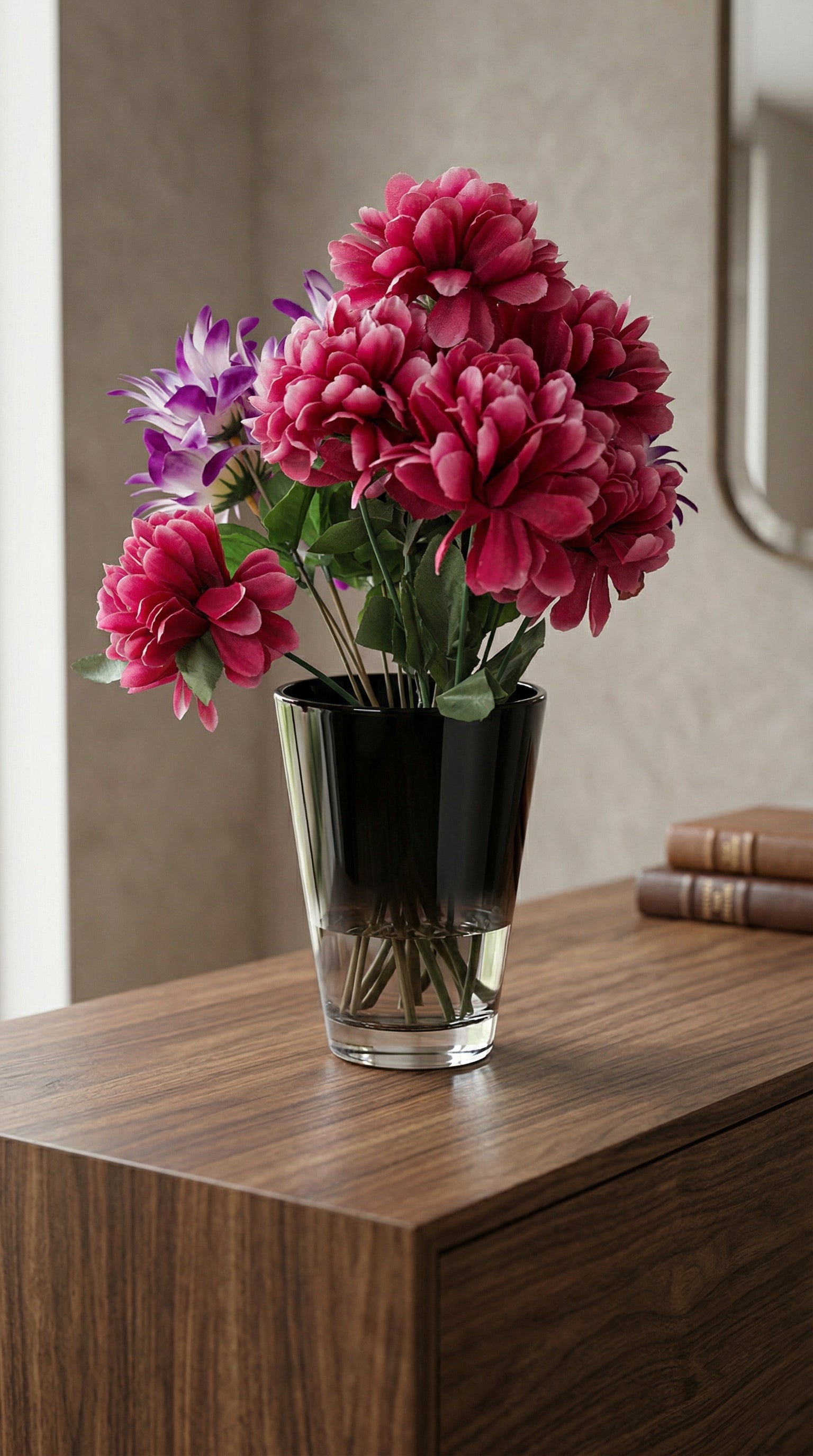Modern Black Glass Tapered Flower Vase with Artificial Peony Bouquet