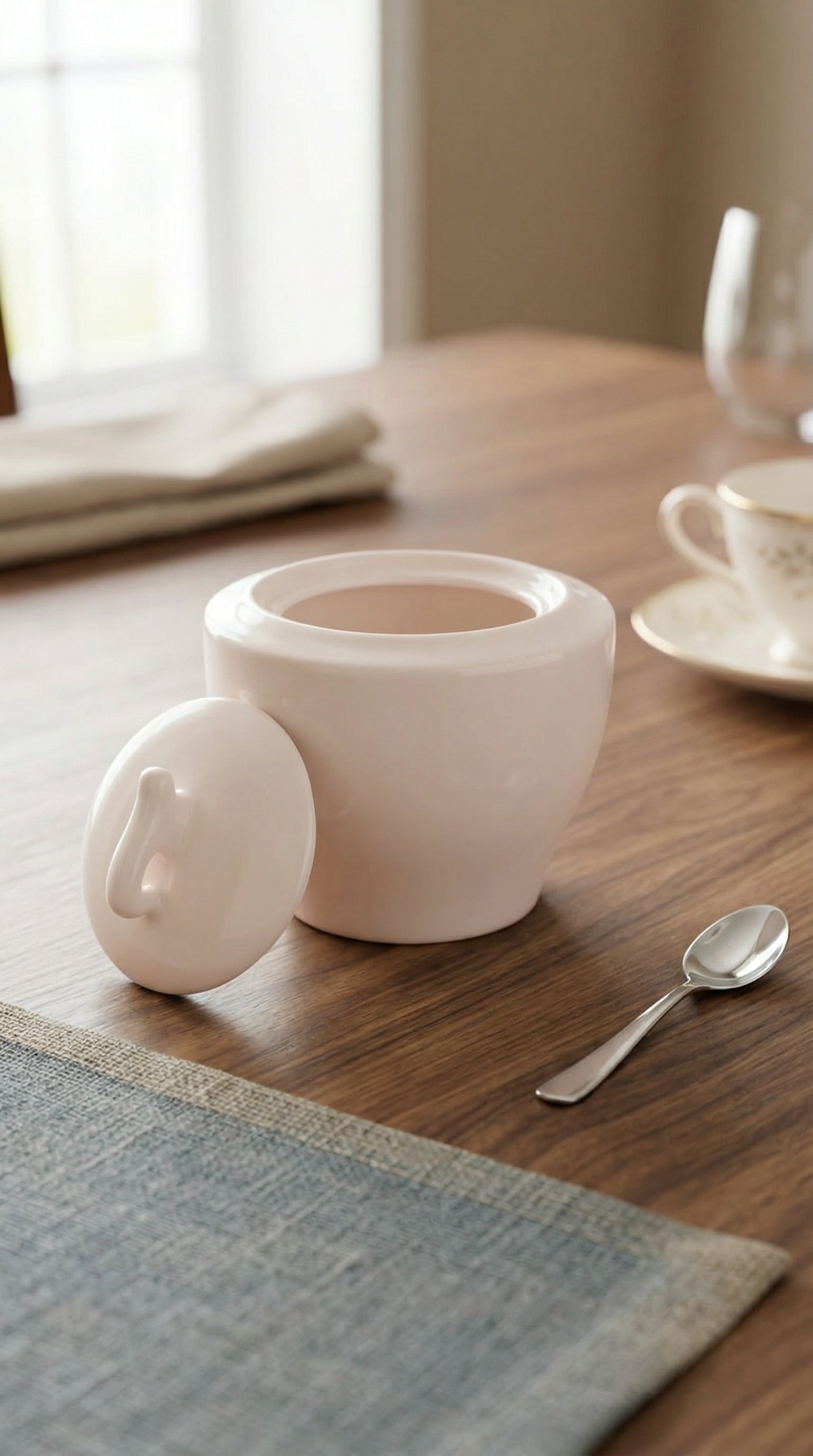 Elegant White Ceramic Sugar Bowl with Minimalist Wave Handle Lid