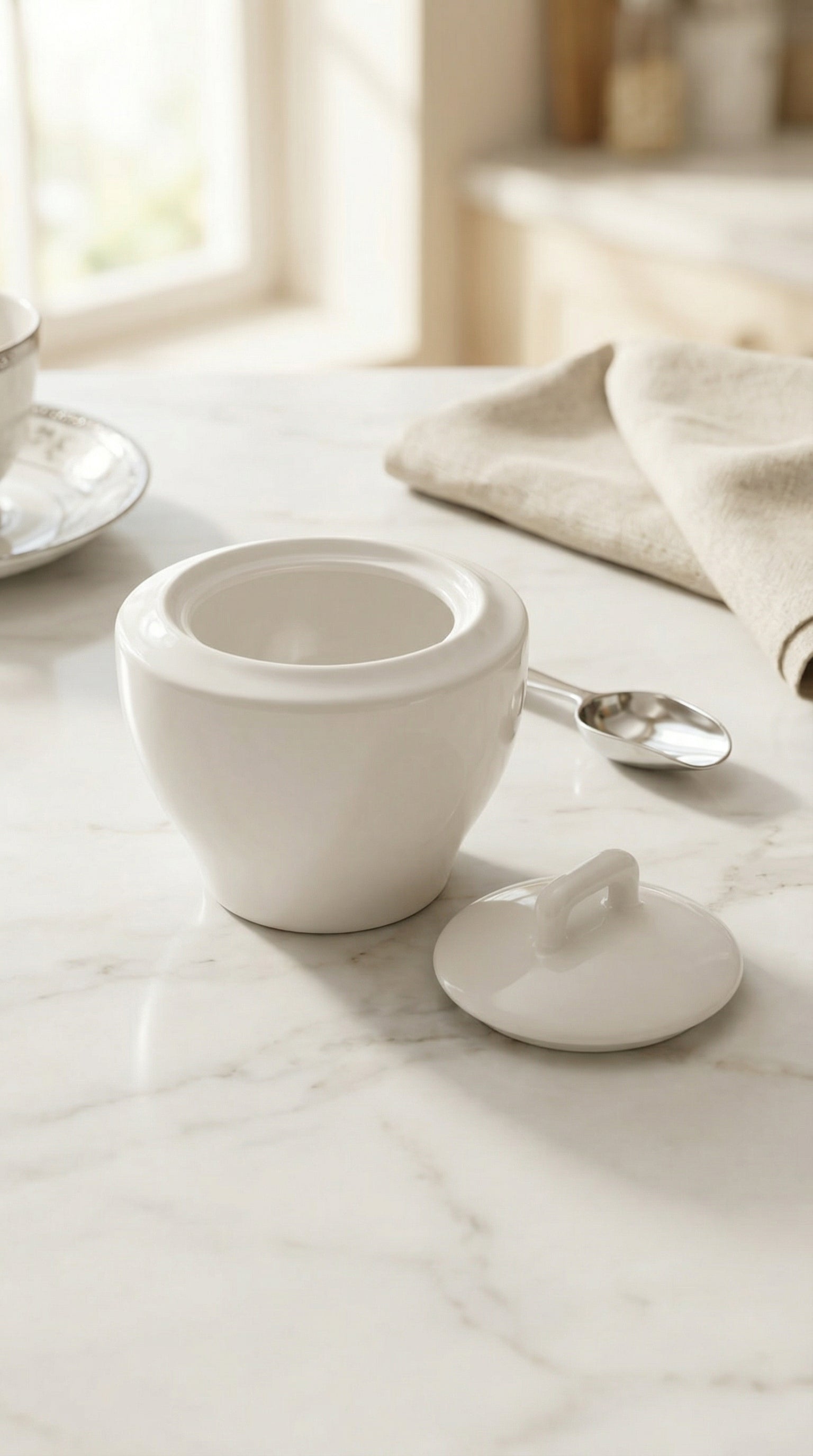 Elegant White Ceramic Sugar Bowl with Minimalist Wave Handle Lid