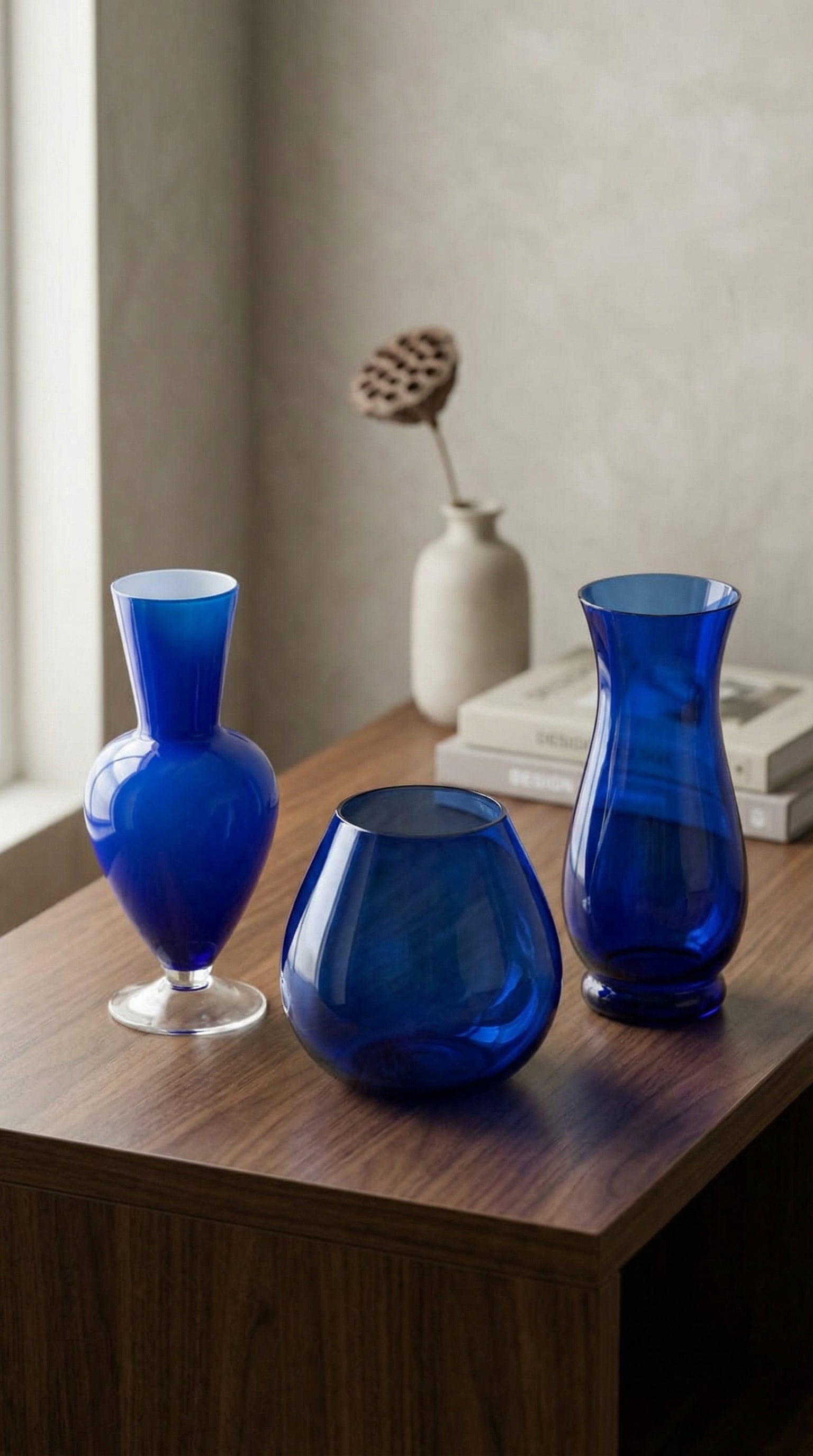 Modern Cobalt Blue Glass Decorative Vase Set of 3 for Elegant Home Decor