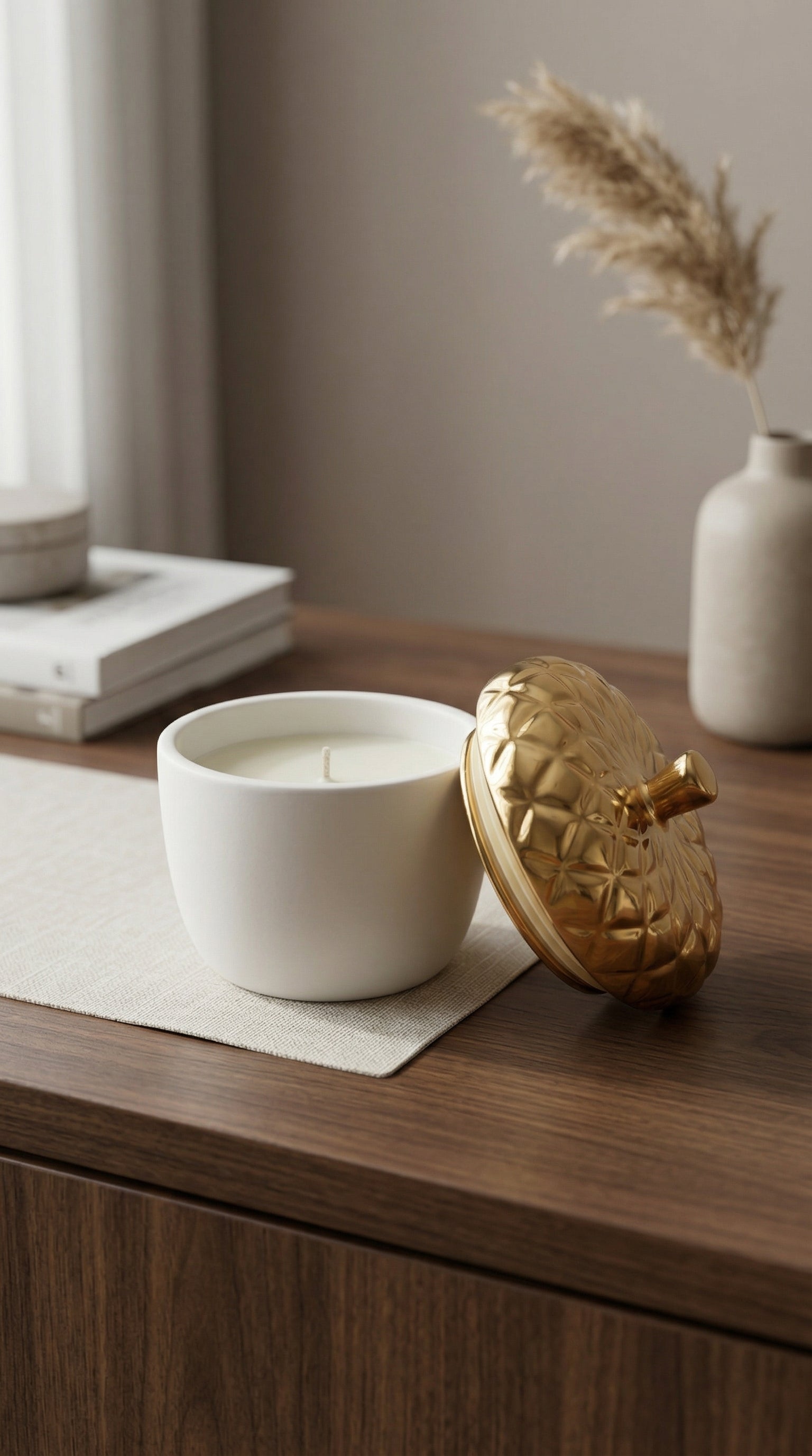 Elegant Matte White Ceramic Candle with Decorative Golden Pineapple Topper