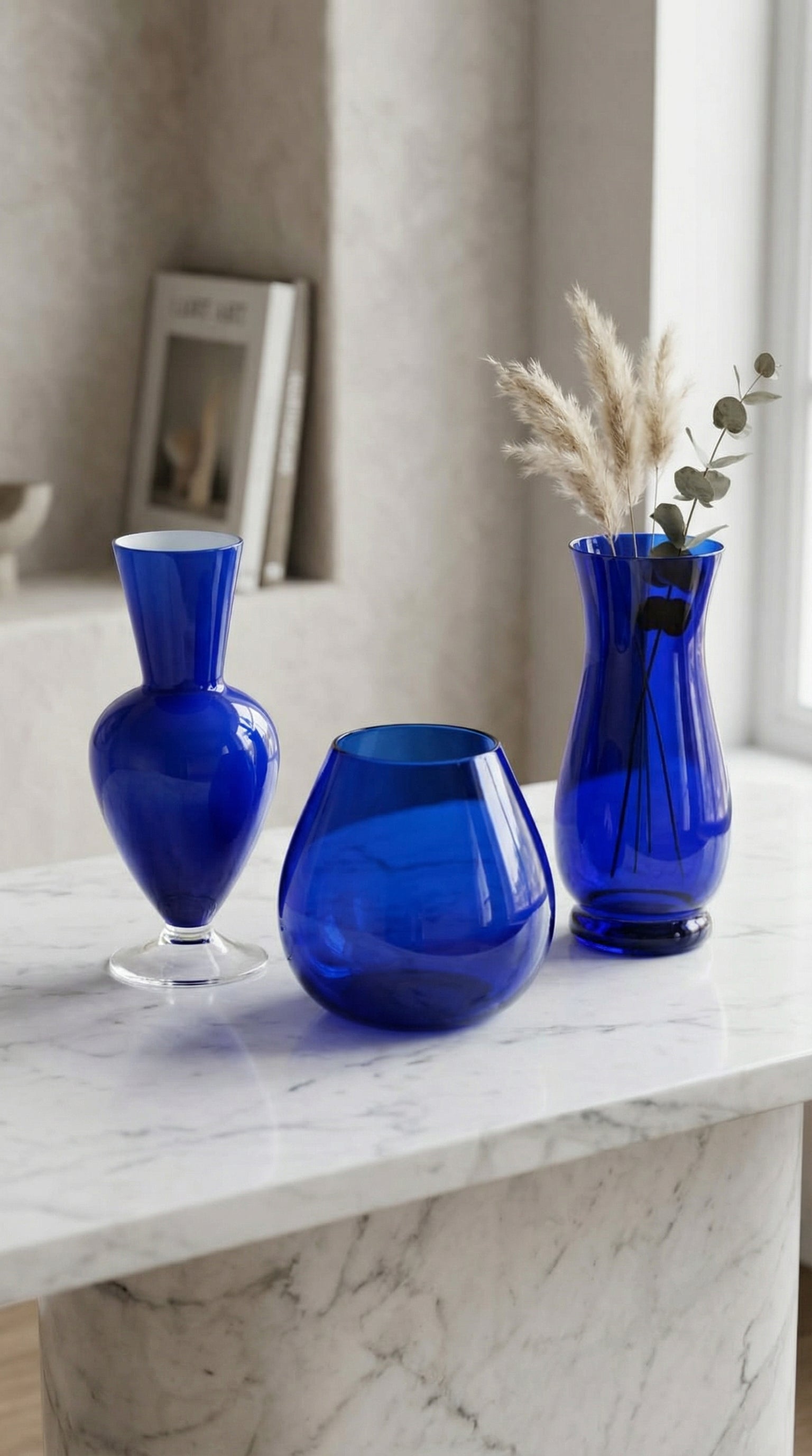 Modern Cobalt Blue Glass Decorative Vase Set of 3 for Elegant Home Decor