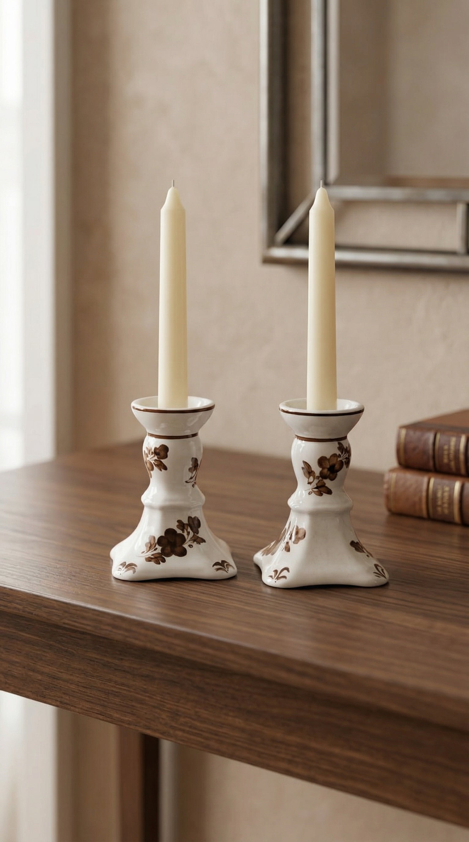 Hand-Painted Floral Ceramic Taper Candle Holders (Set of 2) – Elegant Home Decor