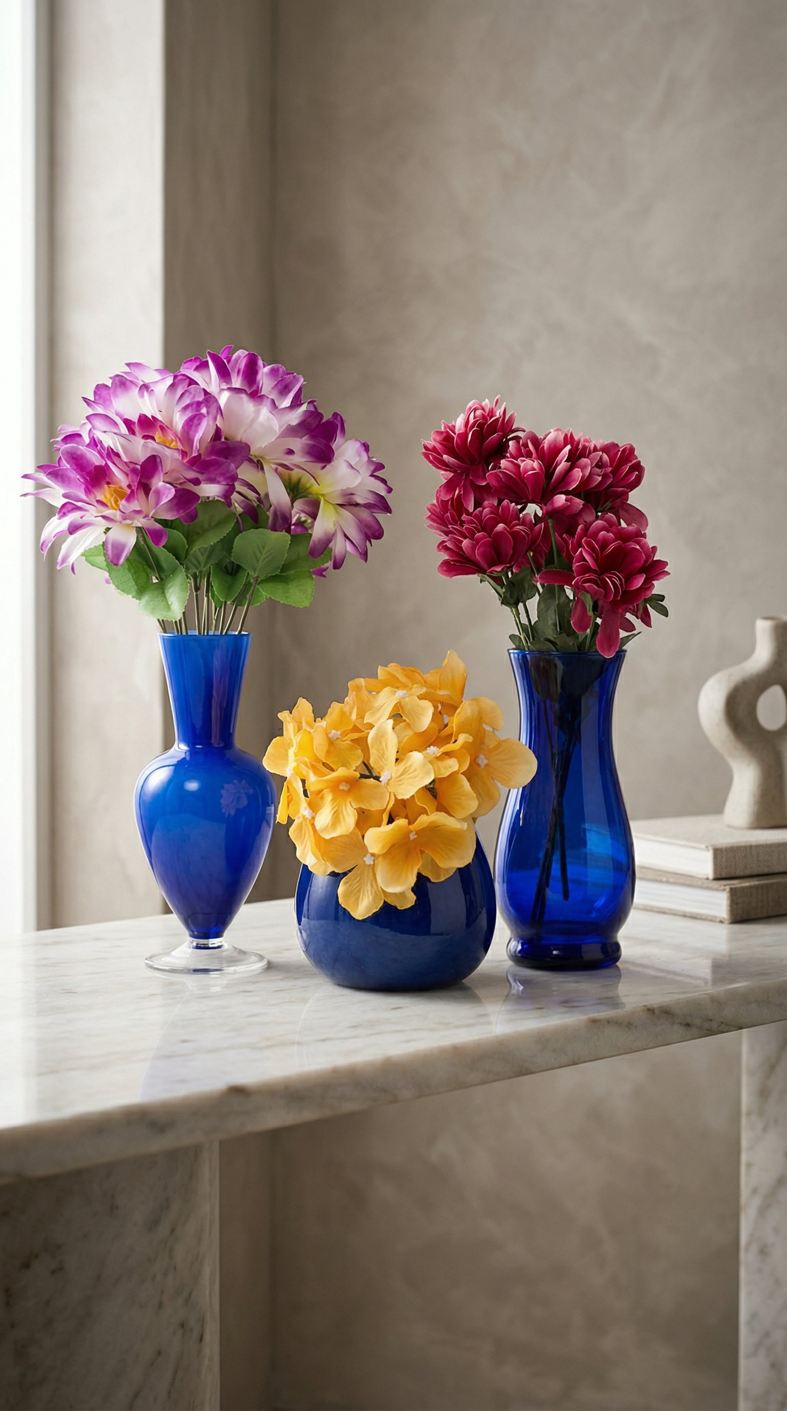 Cobalt Blue Glass Flower Vase Set of 3 for Decorative Floral Arrangements