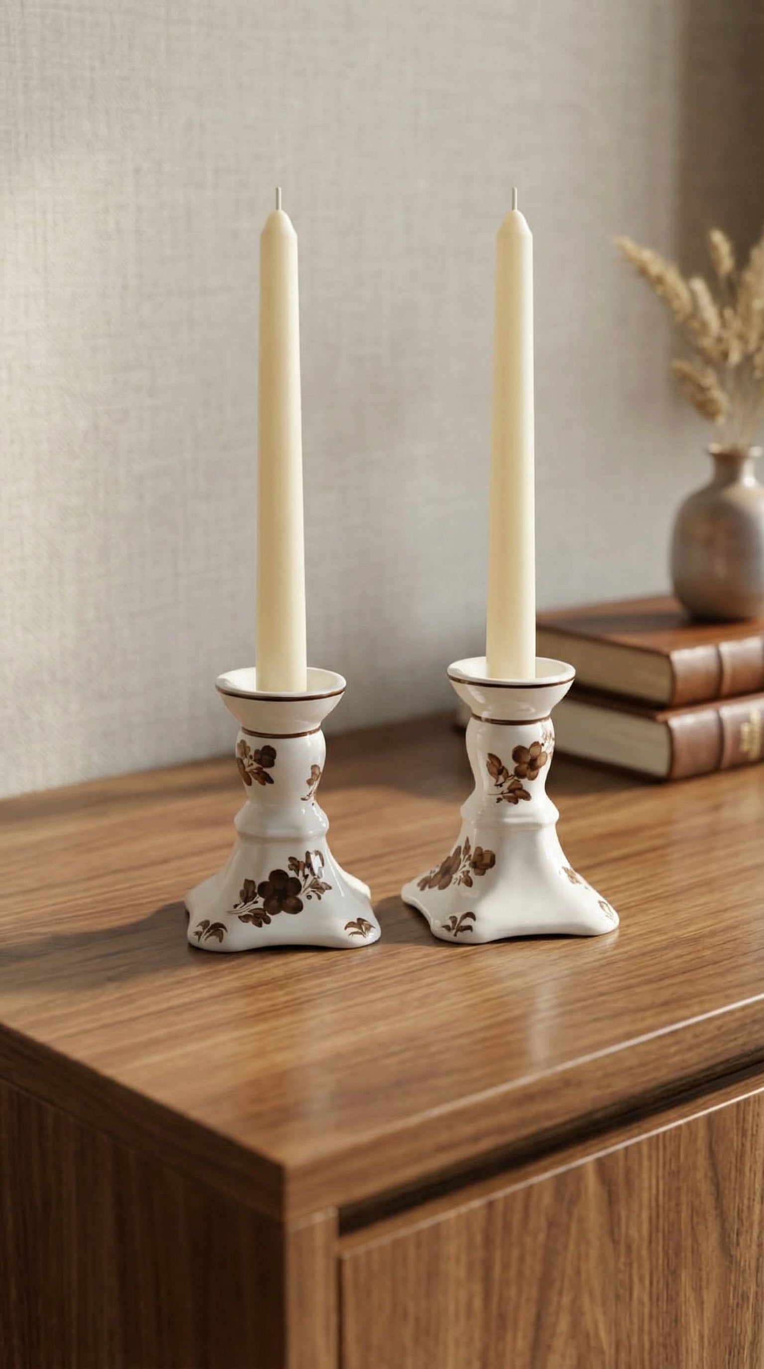 Hand-Painted Floral Ceramic Taper Candle Holders (Set of 2) – Elegant Home Decor