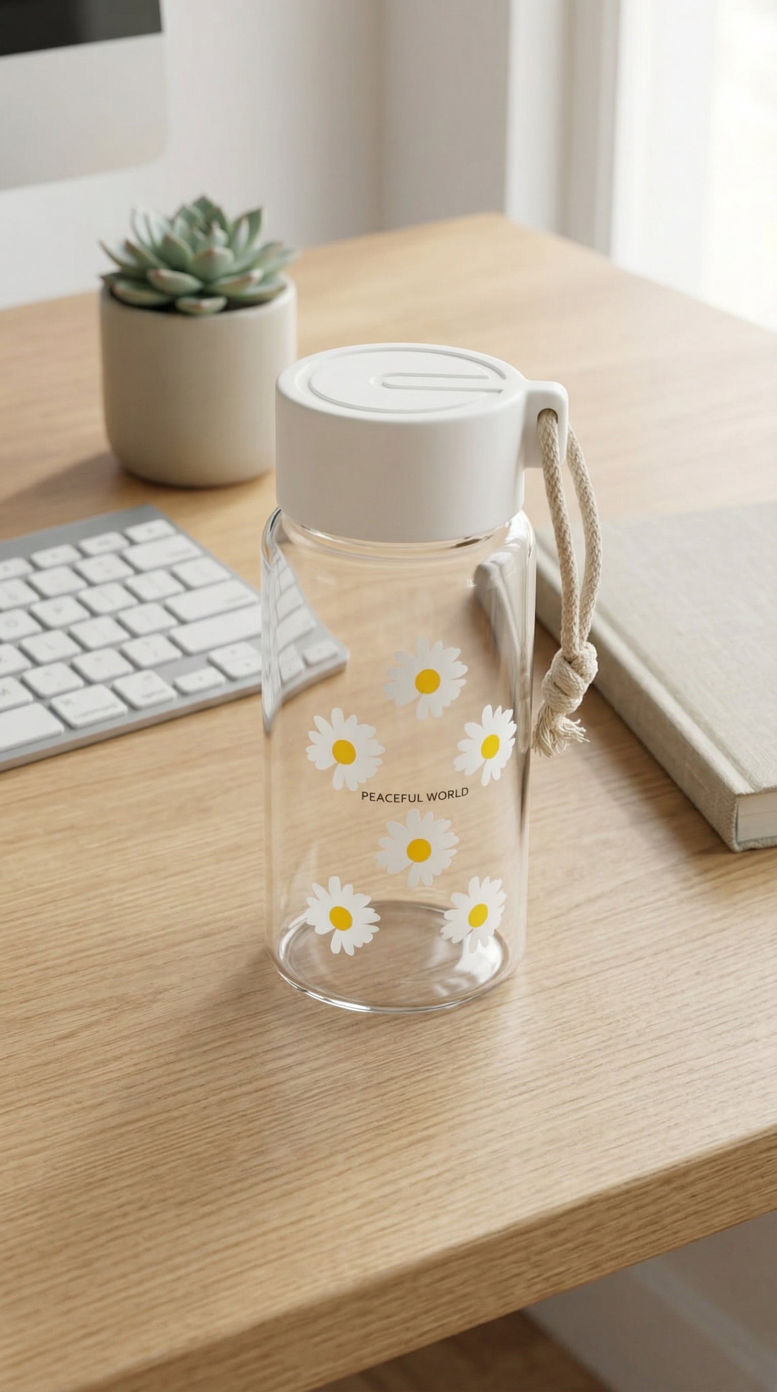 Minimalist Glass Daisy Water Bottle with White Lid and Jute Carry Rope
