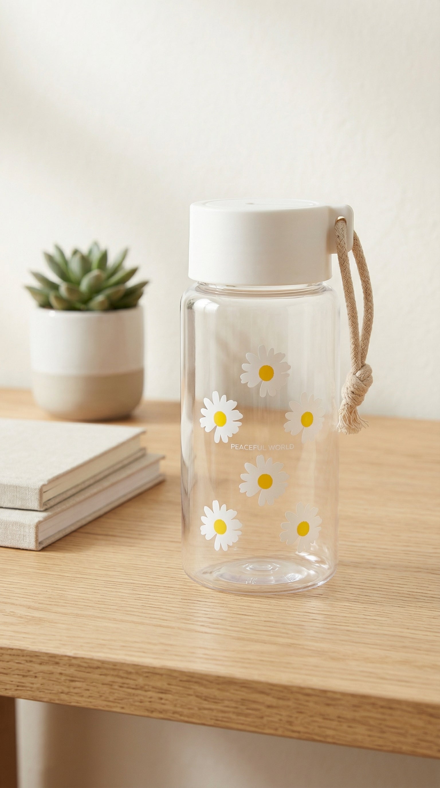 Minimalist Glass Daisy Water Bottle with White Lid and Jute Carry Rope