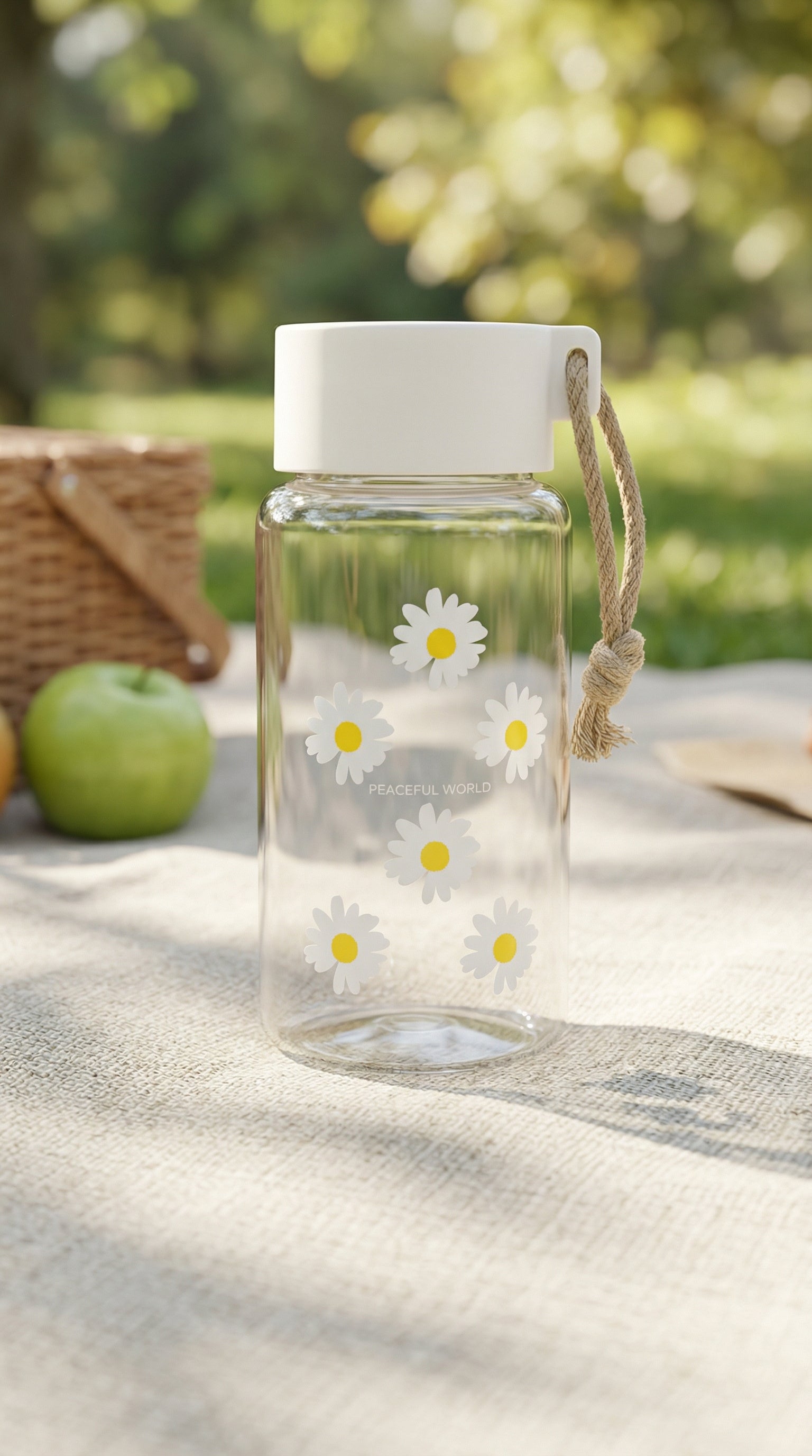 Minimalist Glass Daisy Water Bottle with White Lid and Jute Carry Rope