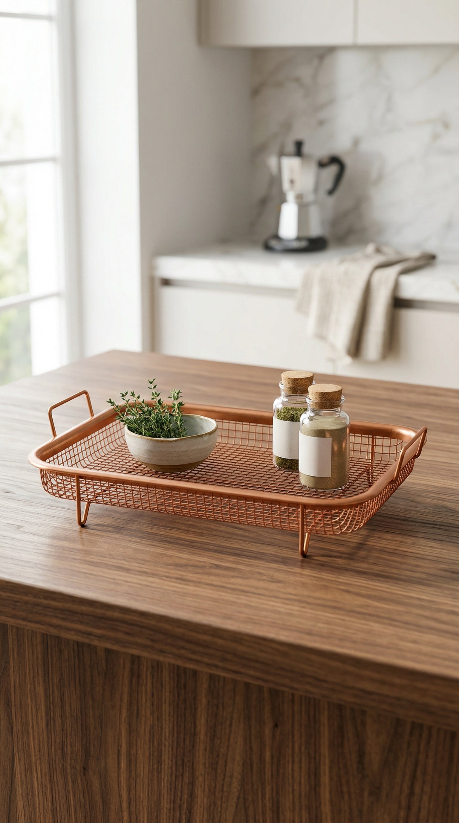 Rose Gold Mesh Wire Rectangular Serving Tray with Elevated Stand
