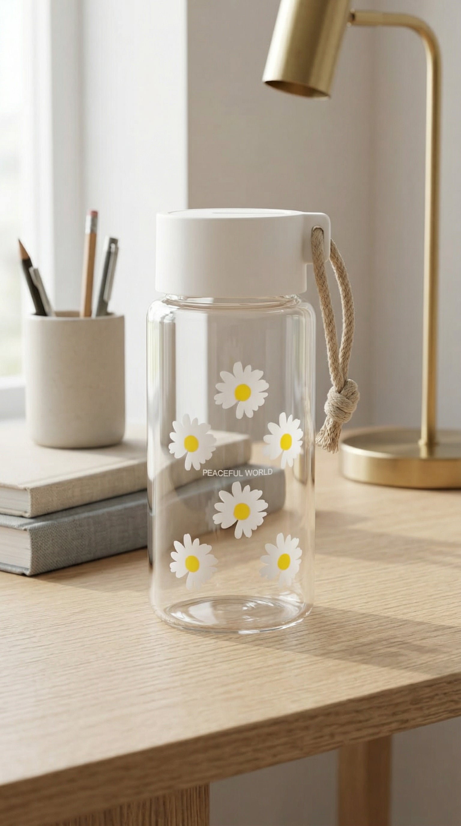 Minimalist Glass Daisy Water Bottle with White Lid and Jute Carry Rope
