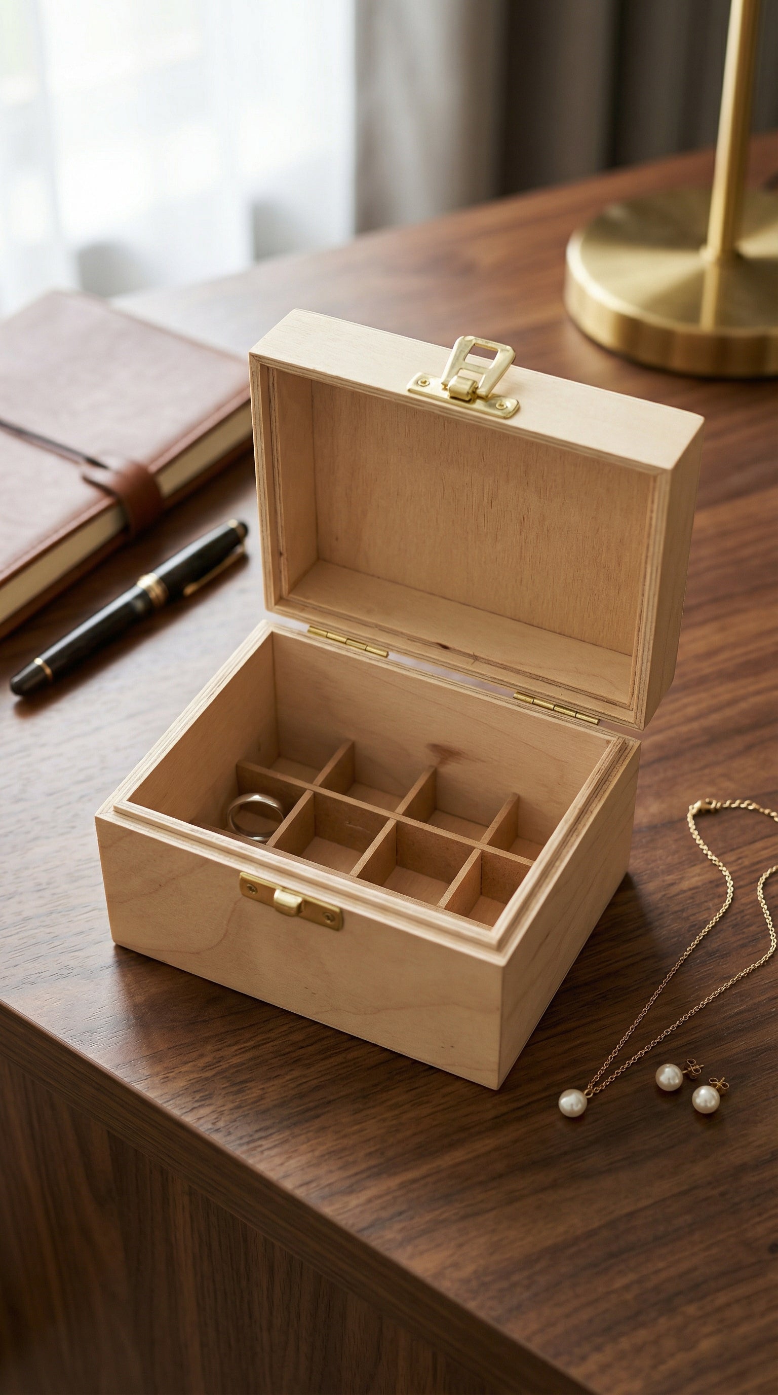 Handcrafted Wooden Multi-Compartment Keepsake Box with Brass Latch