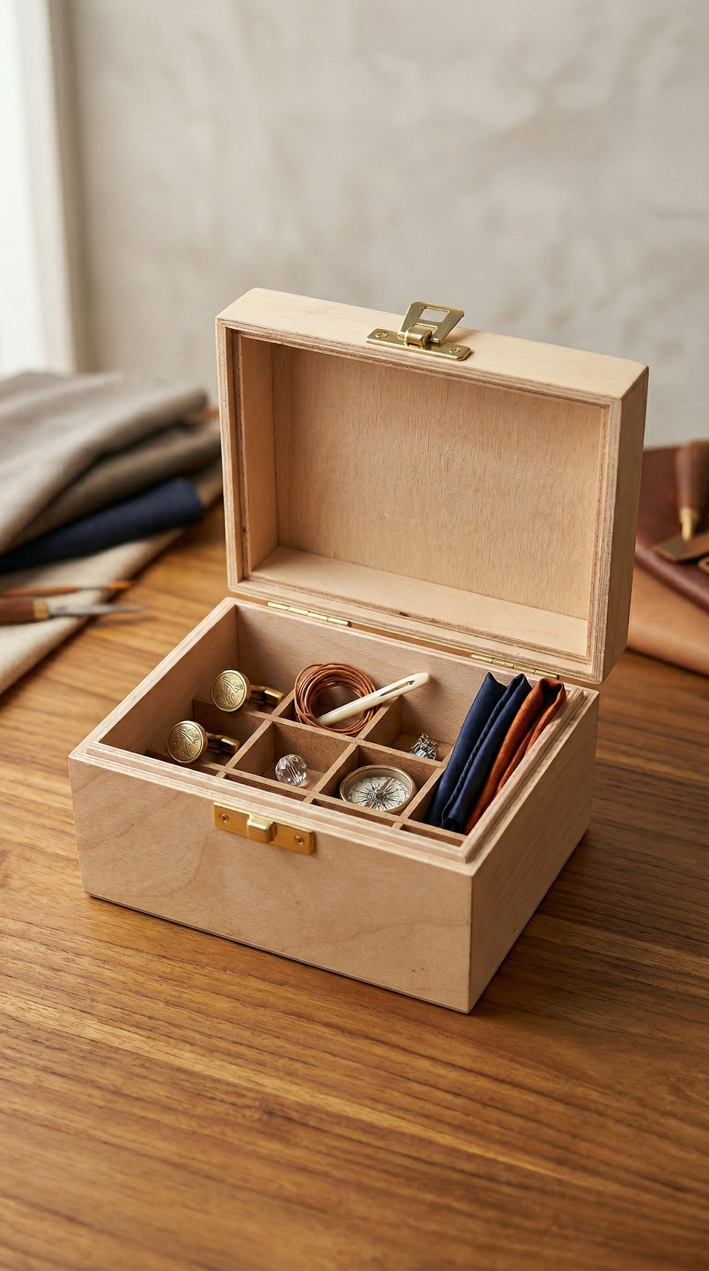 Handcrafted Wooden Multi-Compartment Keepsake Box with Brass Latch