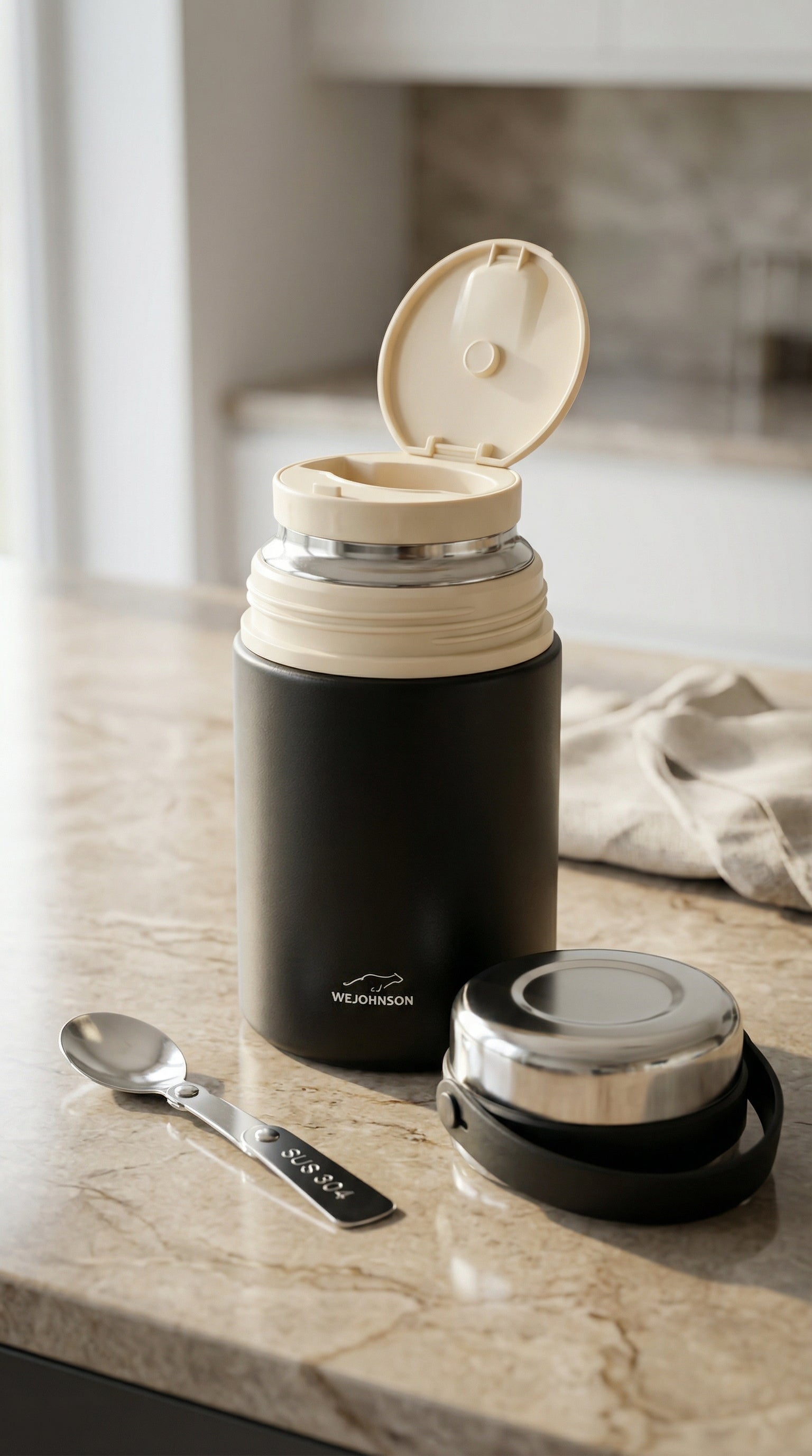 Stainless Steel Insulated Food Jar with Folding Spoon and Easy-Carry Lid