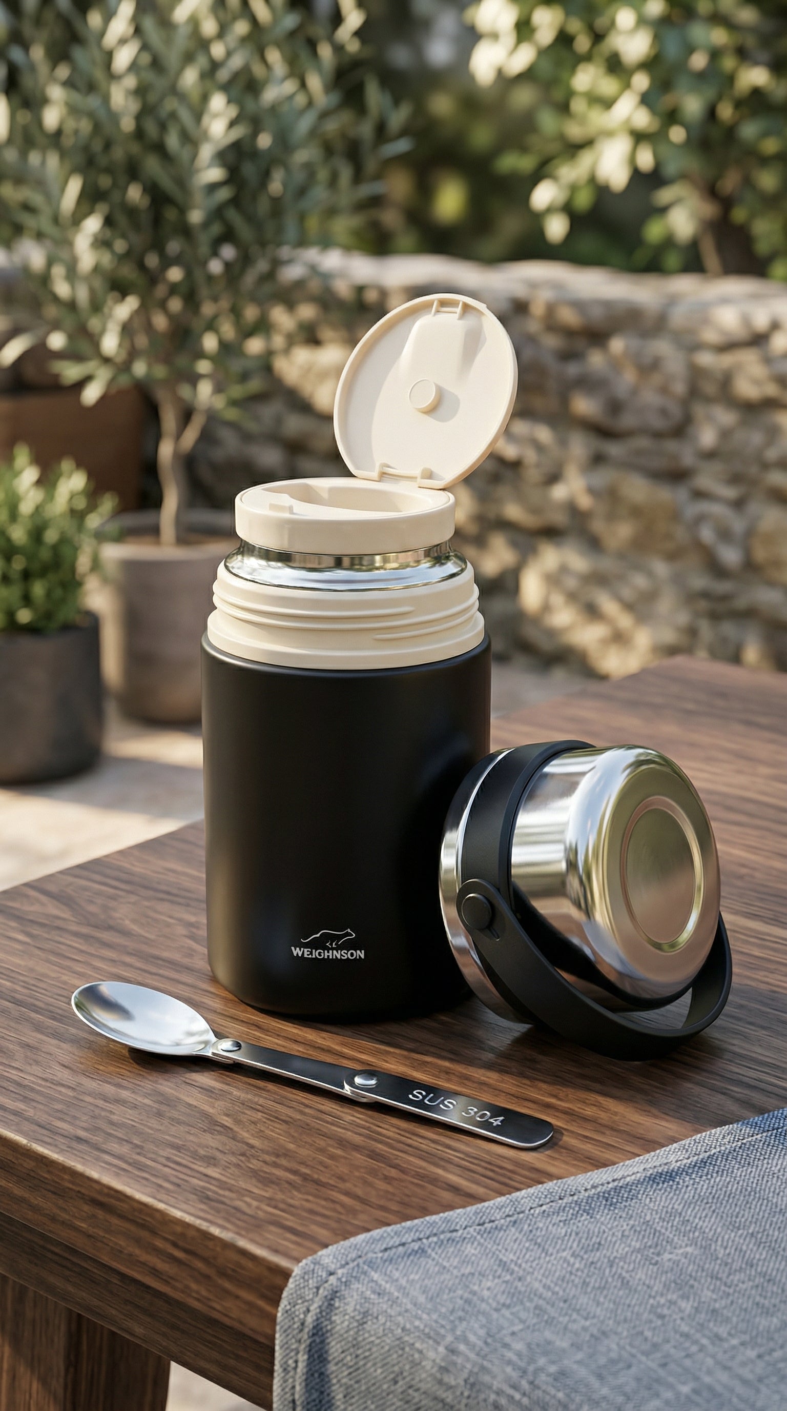 Stainless Steel Insulated Food Jar with Folding Spoon and Easy-Carry Lid