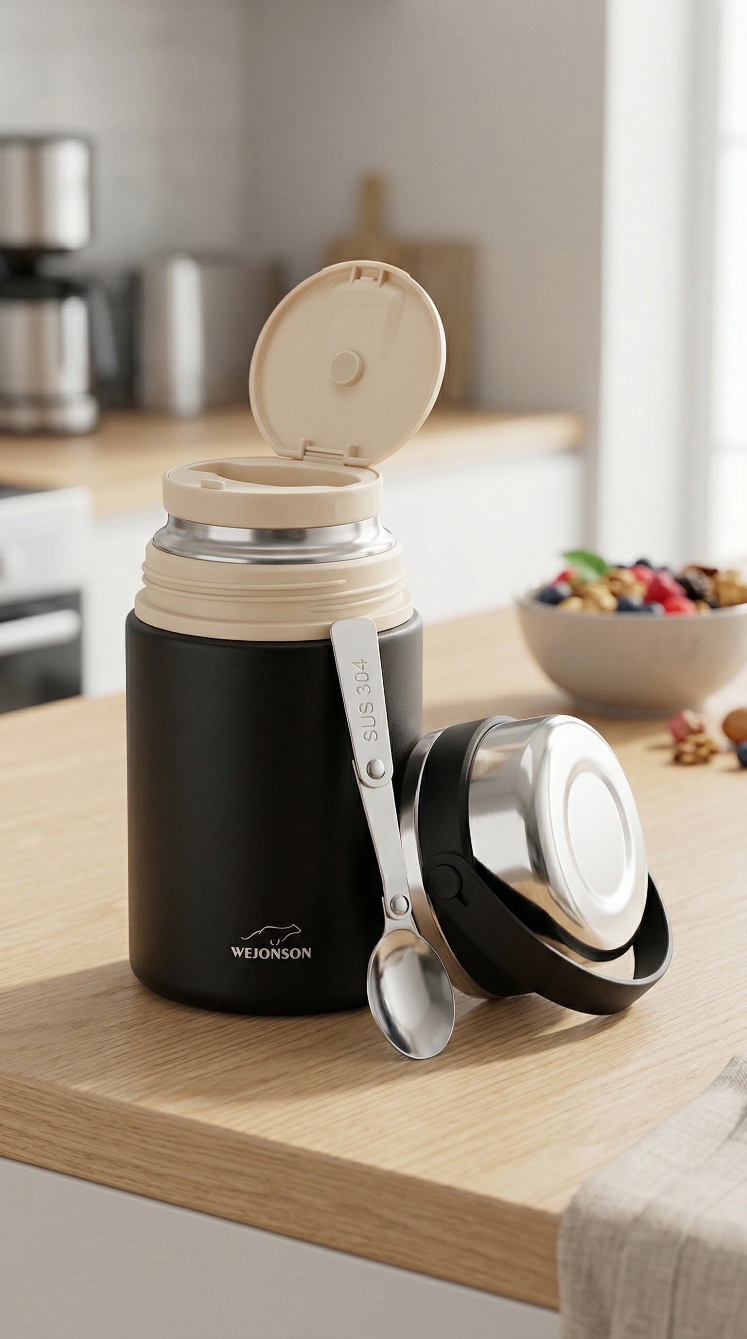 Stainless Steel Insulated Food Jar with Folding Spoon and Easy-Carry Lid