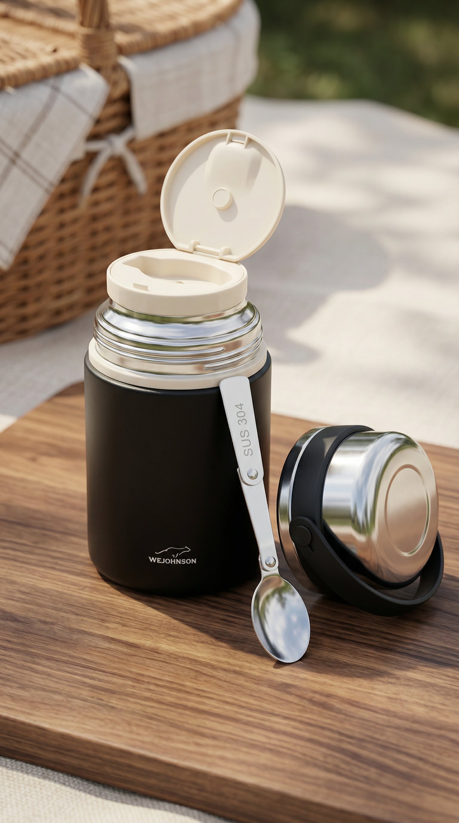 Stainless Steel Insulated Food Jar with Folding Spoon and Easy-Carry Lid