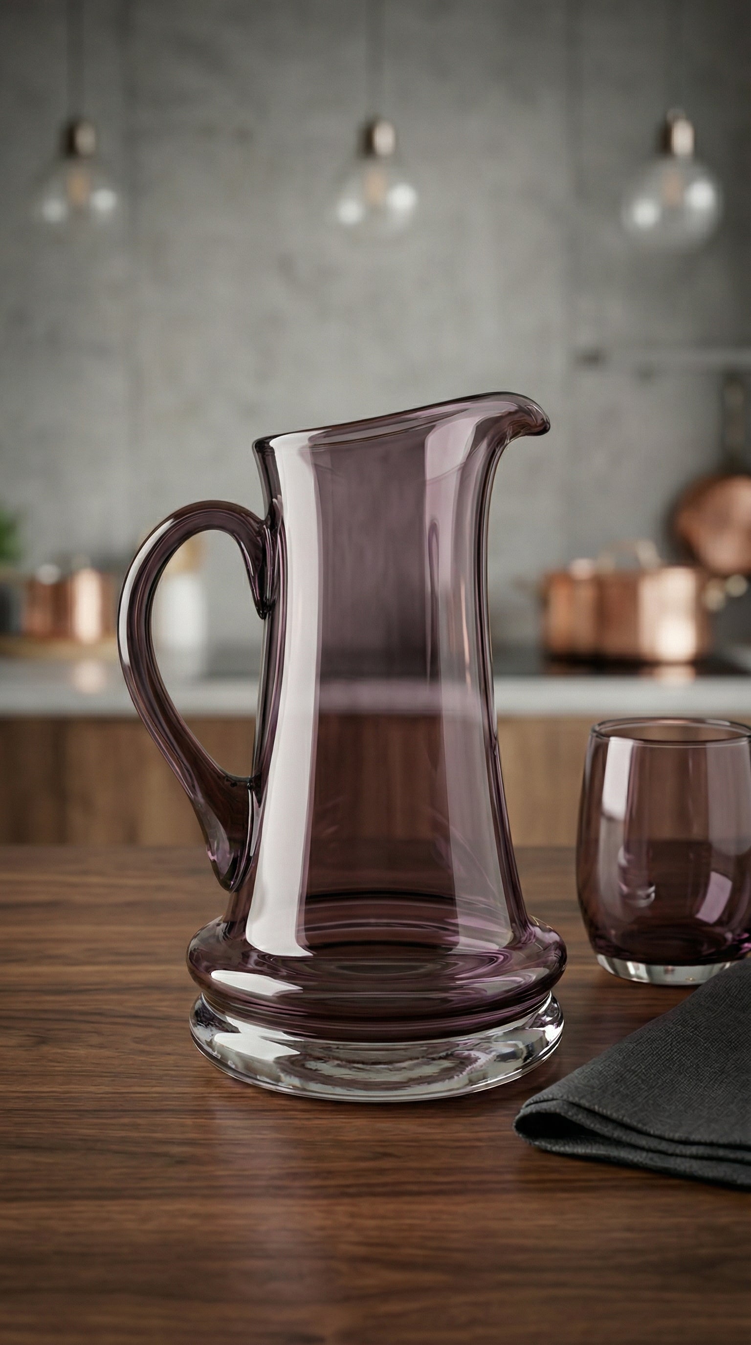 Elegant Handblown Purple Tinted Glass Water Pitcher with Ergonomic Handle
