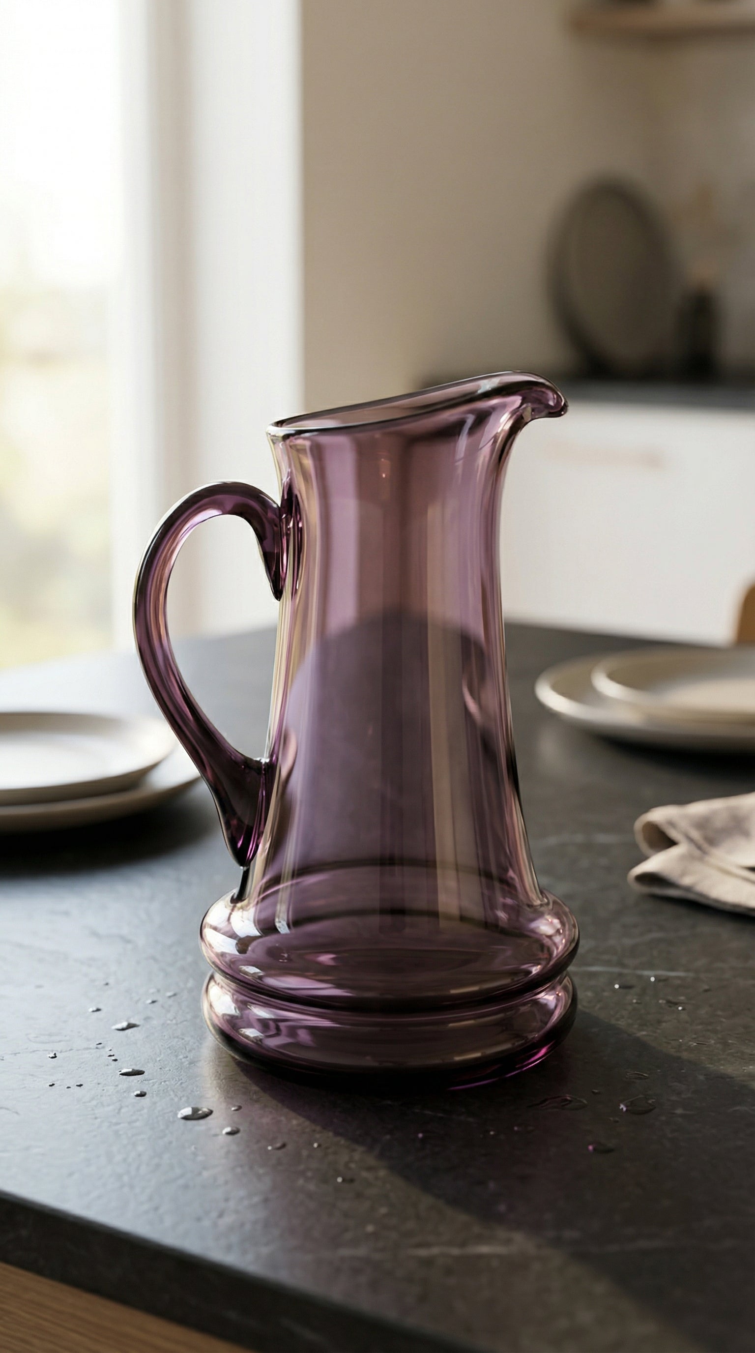 Elegant Handblown Purple Tinted Glass Water Pitcher with Ergonomic Handle