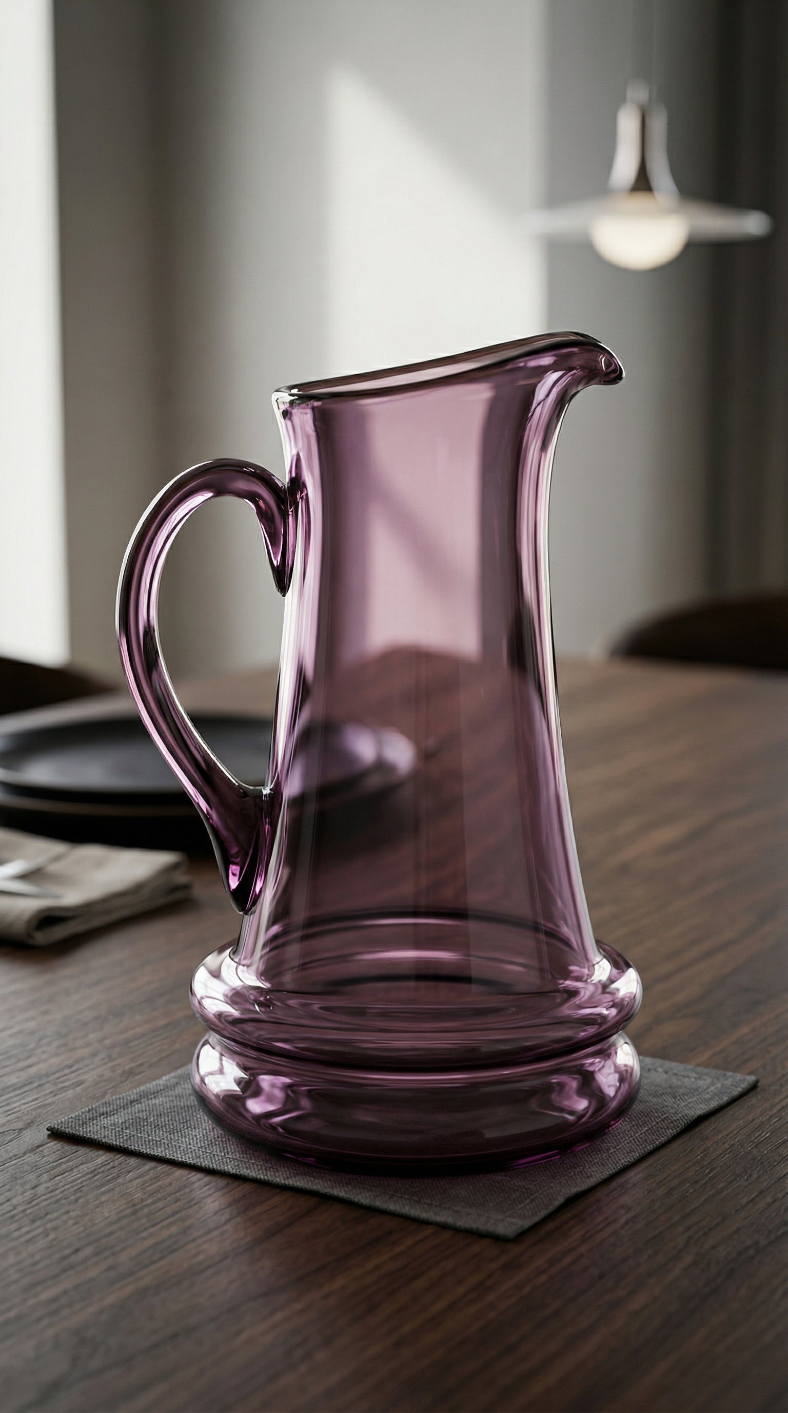 Elegant Handblown Purple Tinted Glass Water Pitcher with Ergonomic Handle